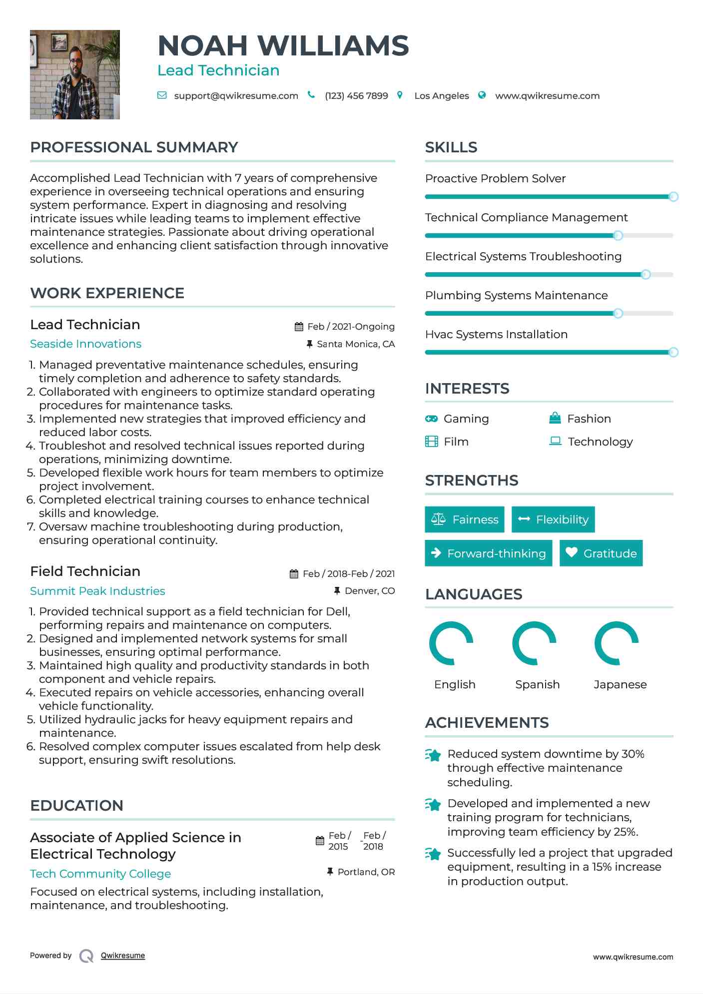 Lead Technician Resume Example