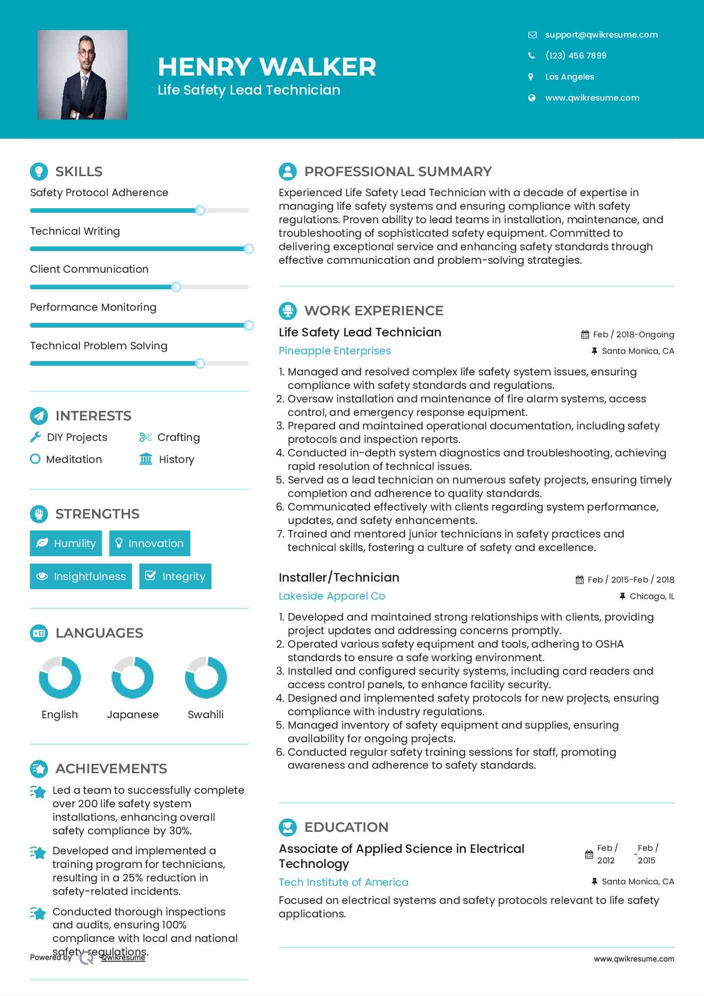 Life Safety Lead Technician
 Resume Format