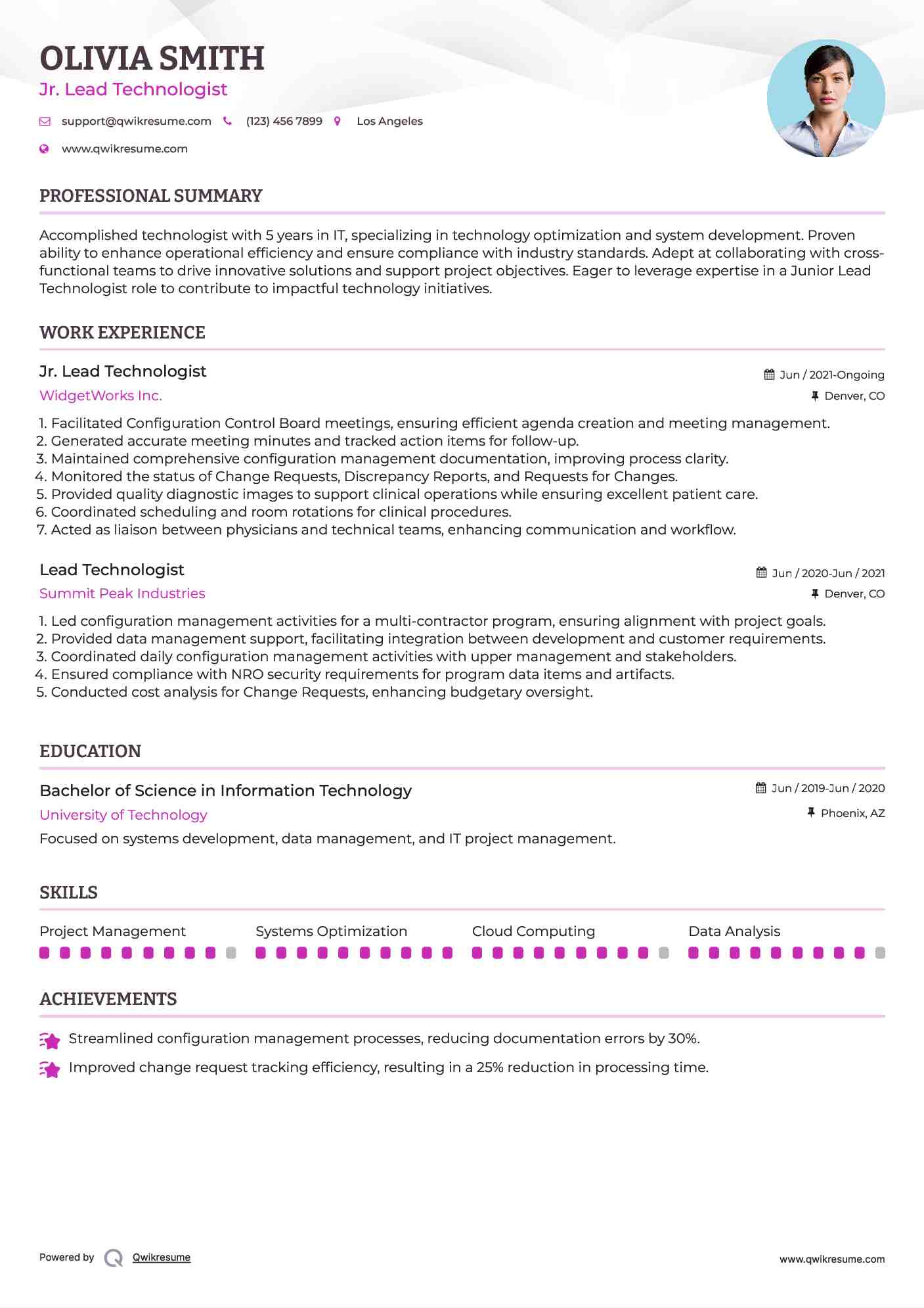 Jr. Lead Technologist Resume Format