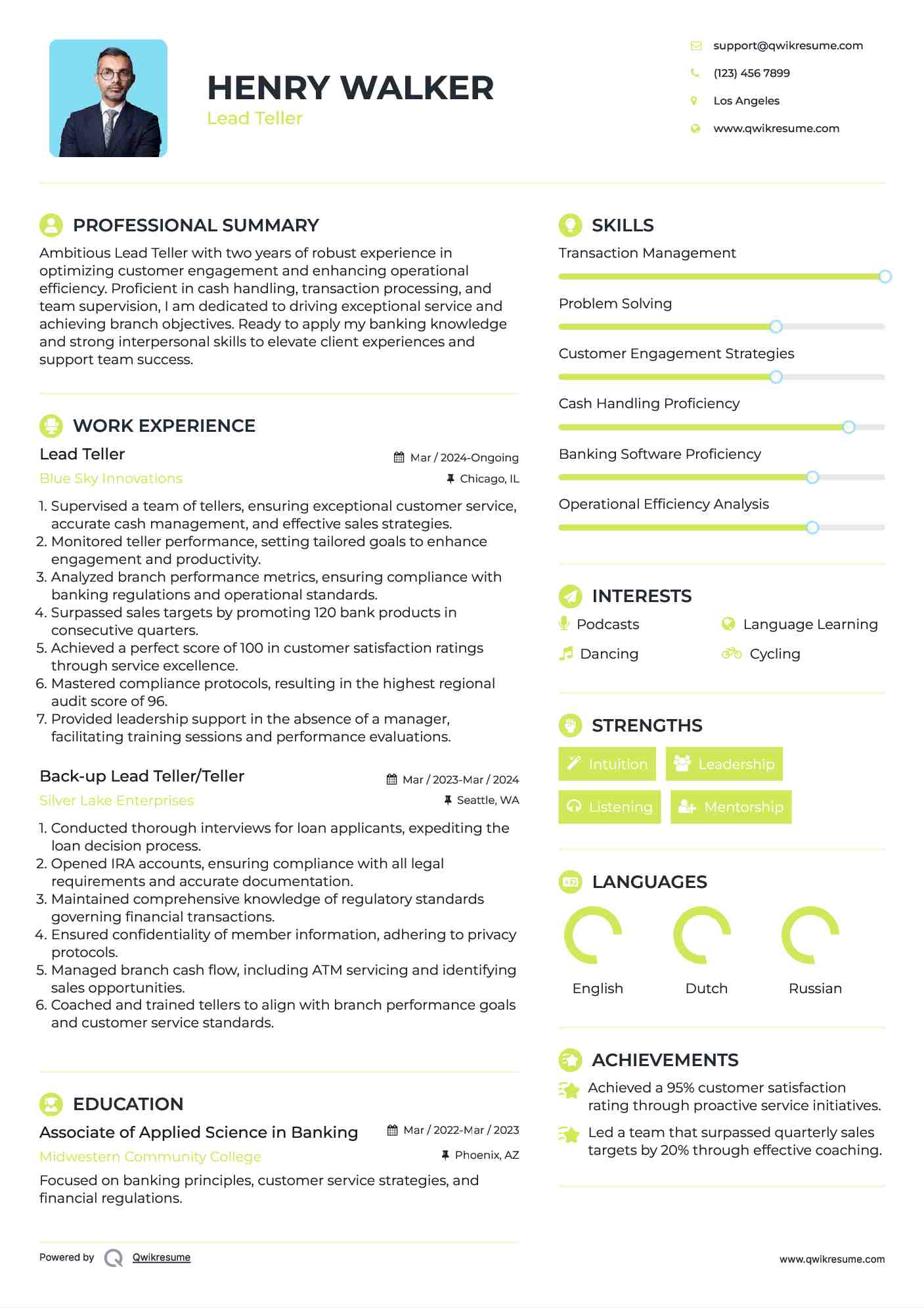 Lead Teller Resume Example