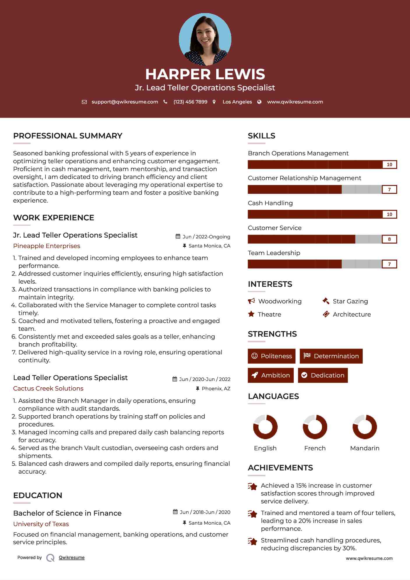 Jr. Lead Teller Operations Specialist Resume Format
