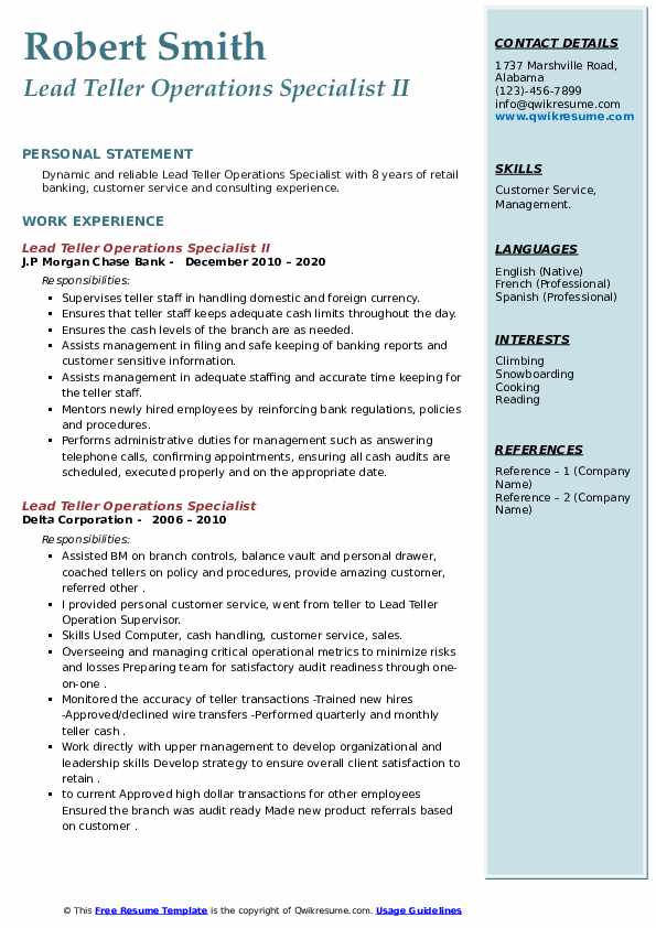 Lead Teller Operations Specialist Resume Samples QwikResume