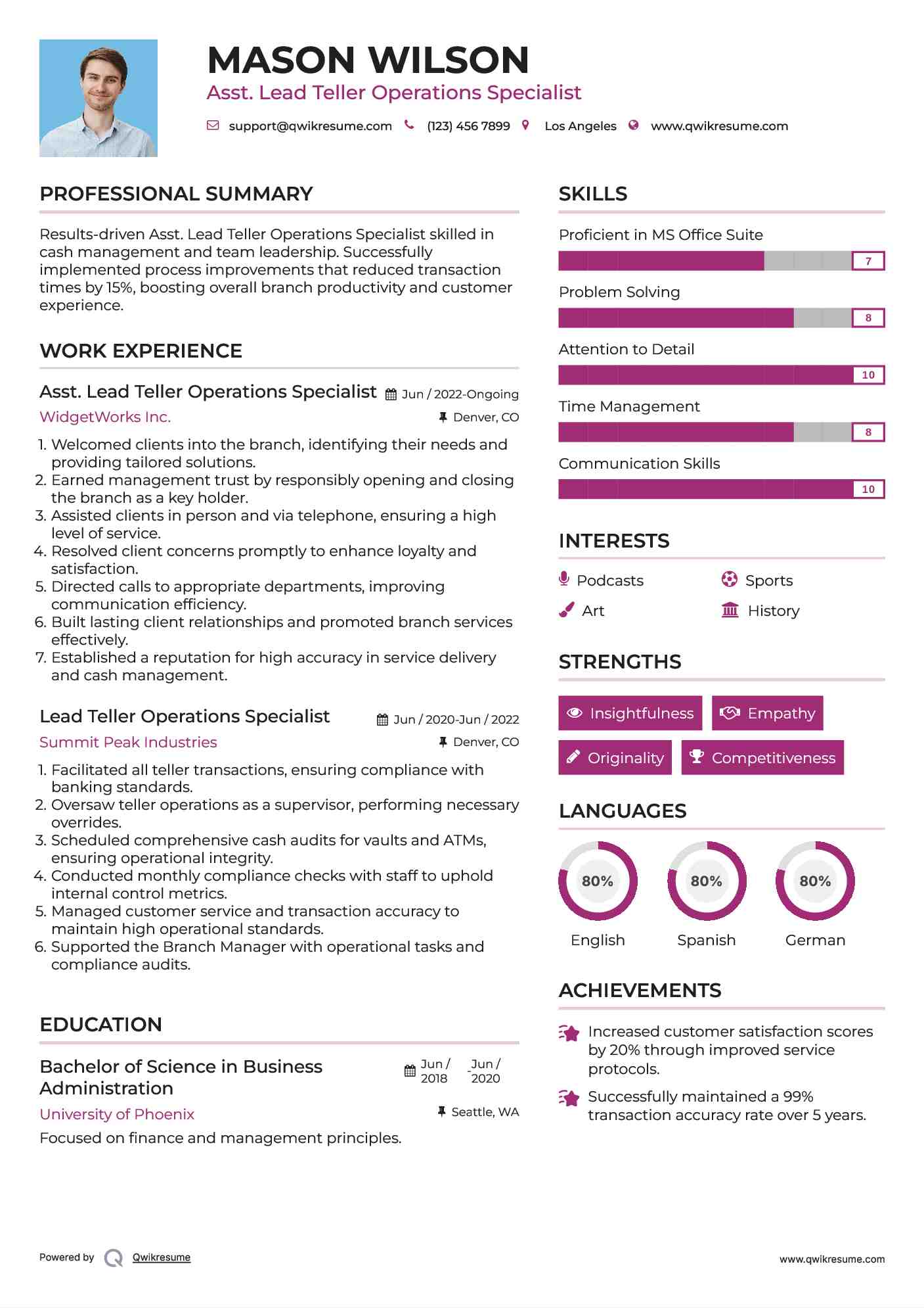 Asst. Lead Teller Operations Specialist Resume Example