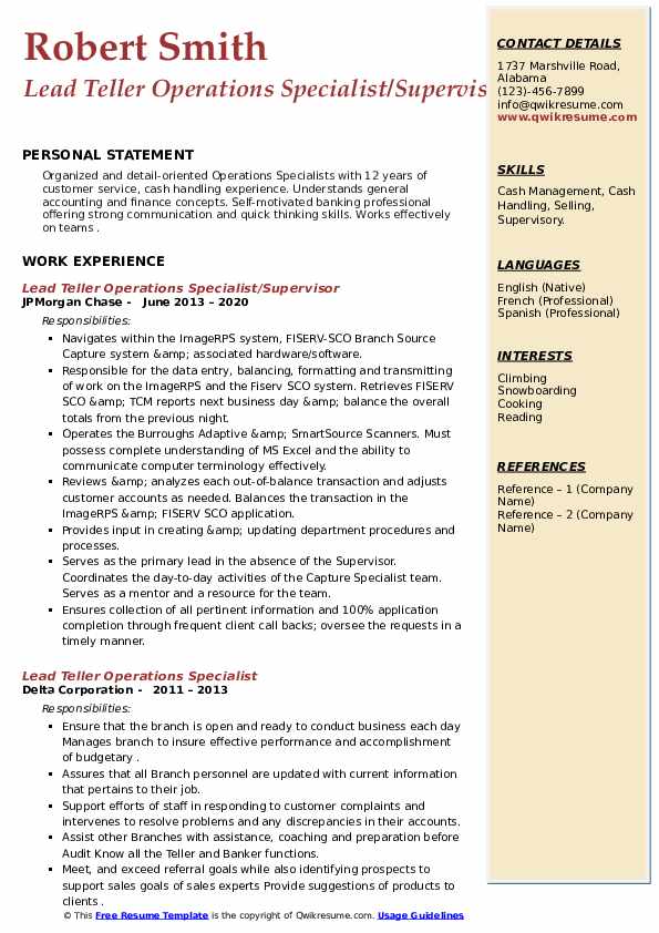 Lead Teller Operations Specialist Resume Samples QwikResume