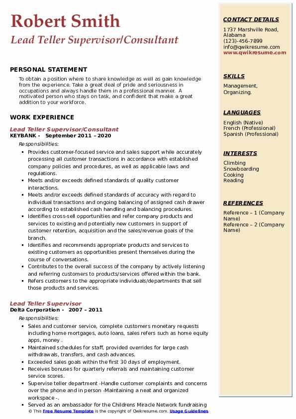 Lead Teller Supervisor Resume Samples QwikResume