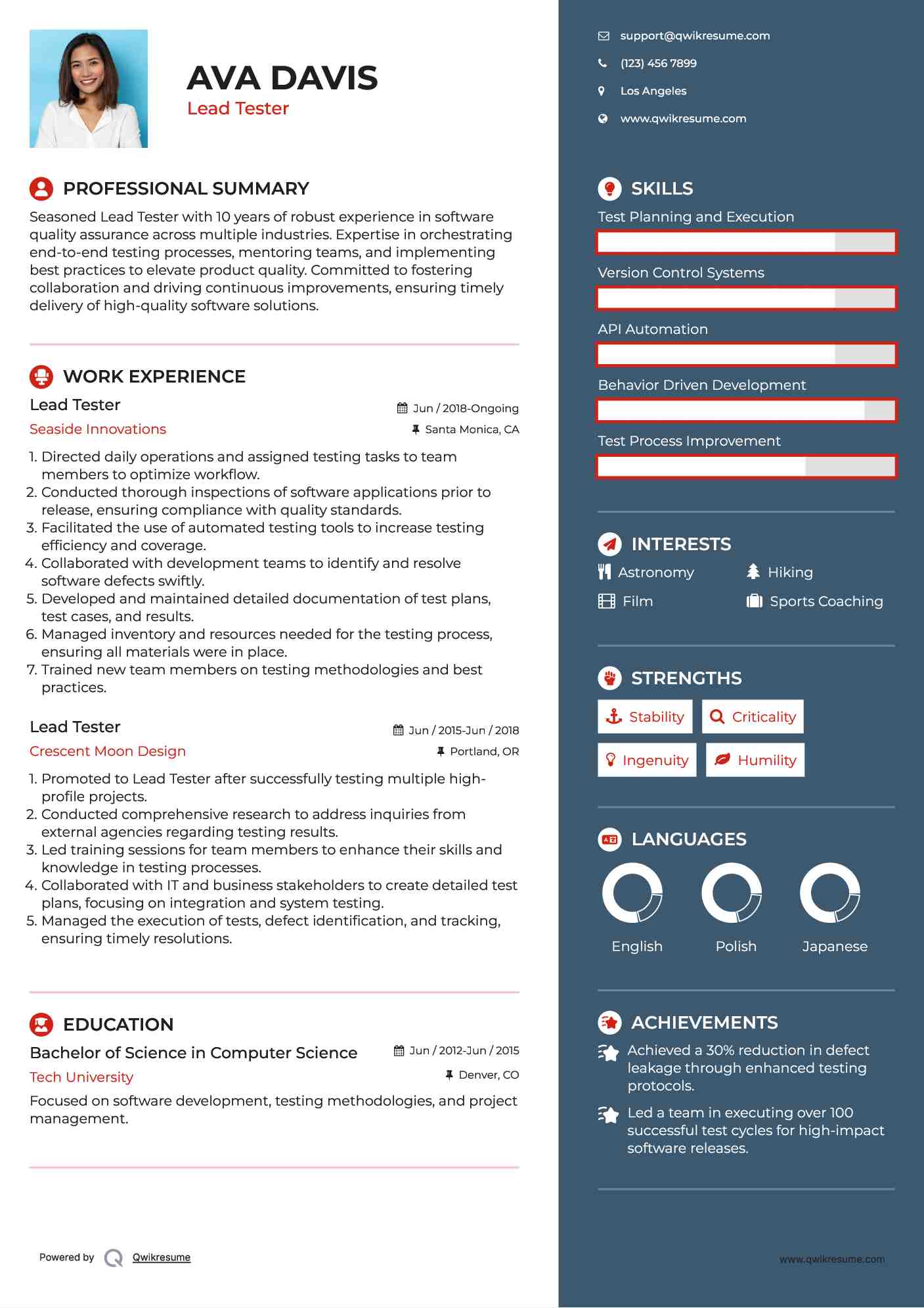 Lead Tester Resume Sample
