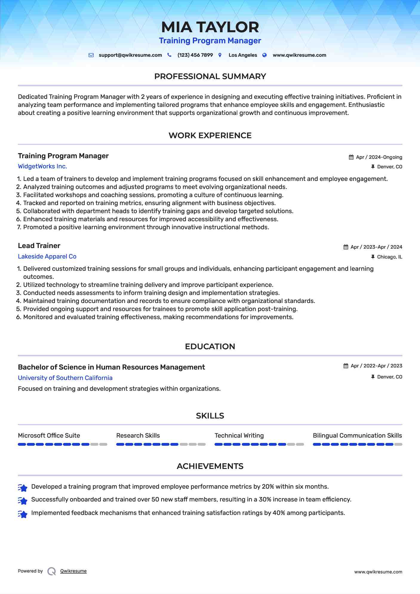 Training Program Manager Resume Format