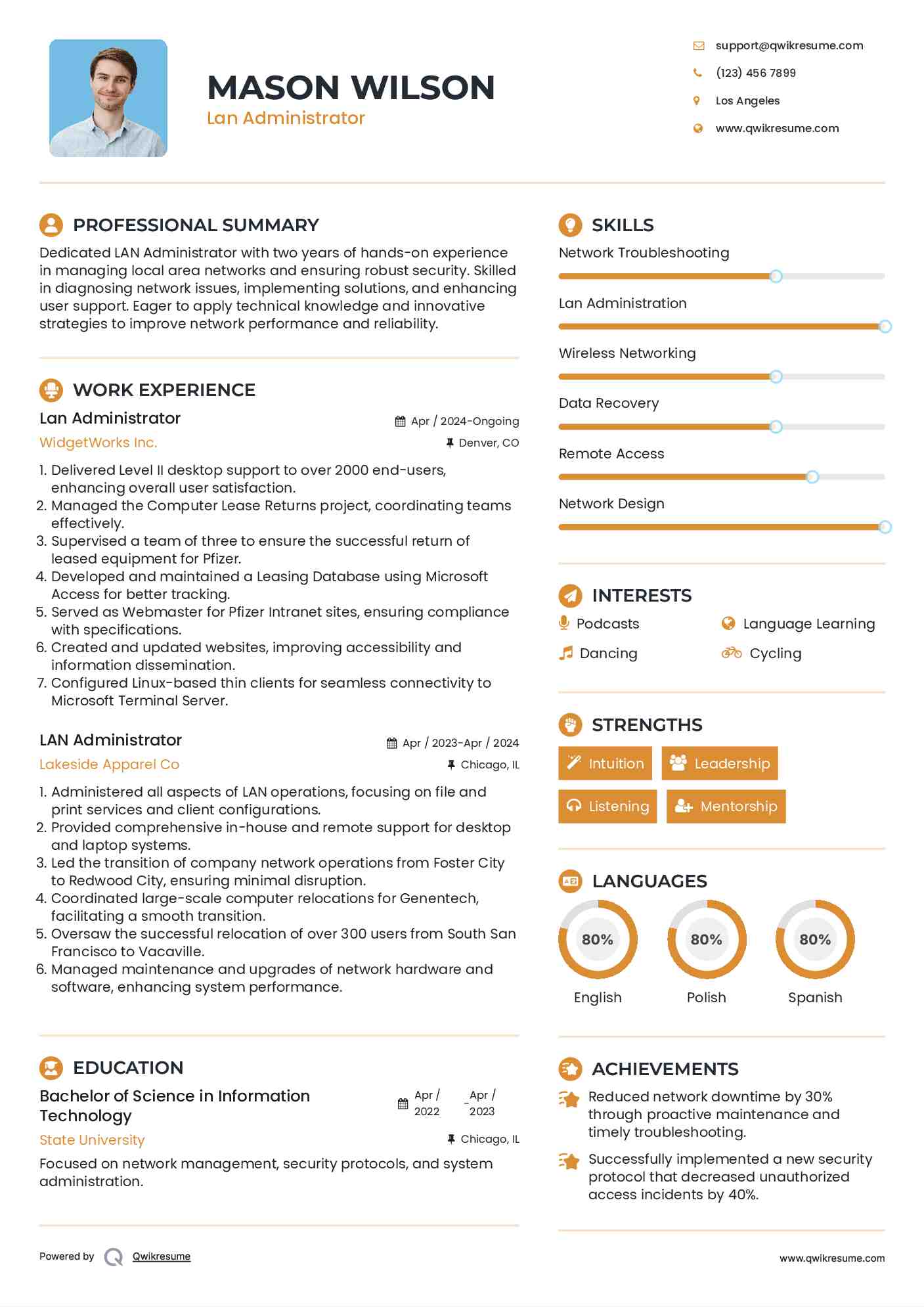 Lan Administrator Resume Model