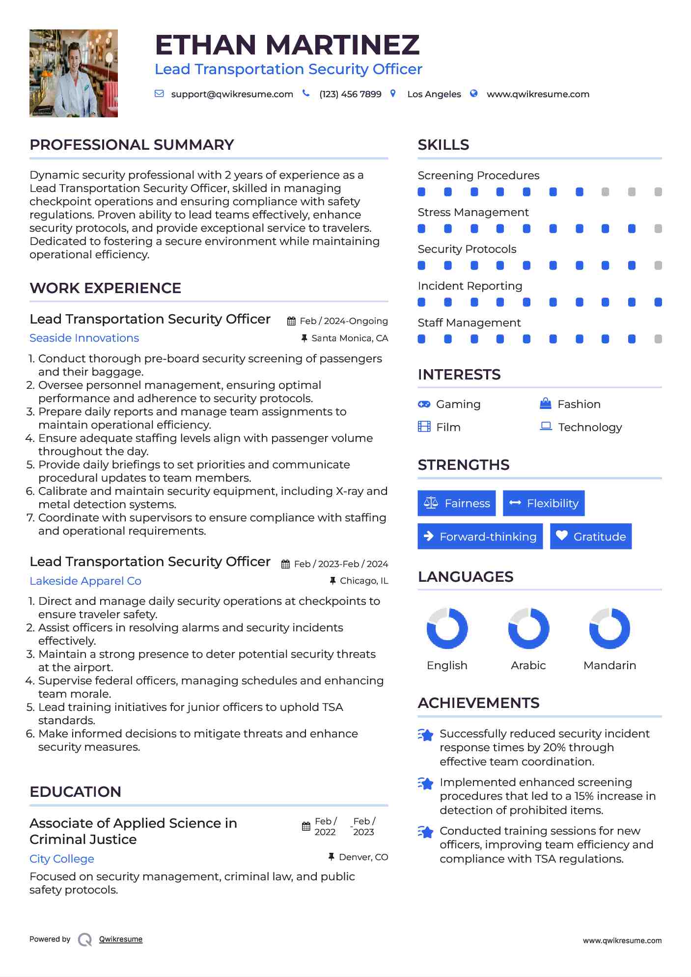 Lead Transportation Security Officer Resume Sample