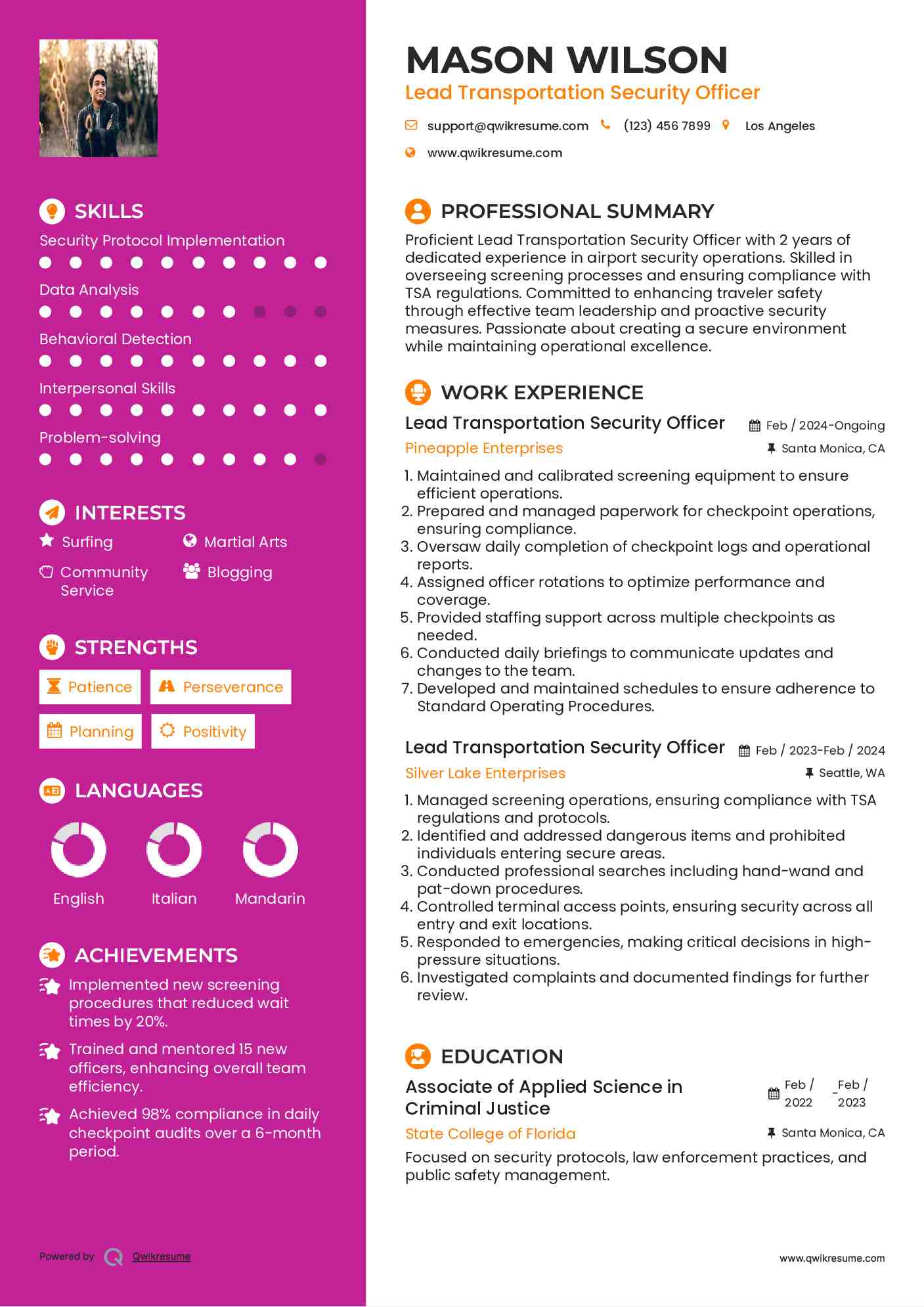 Lead Transportation Security Officer Resume Template