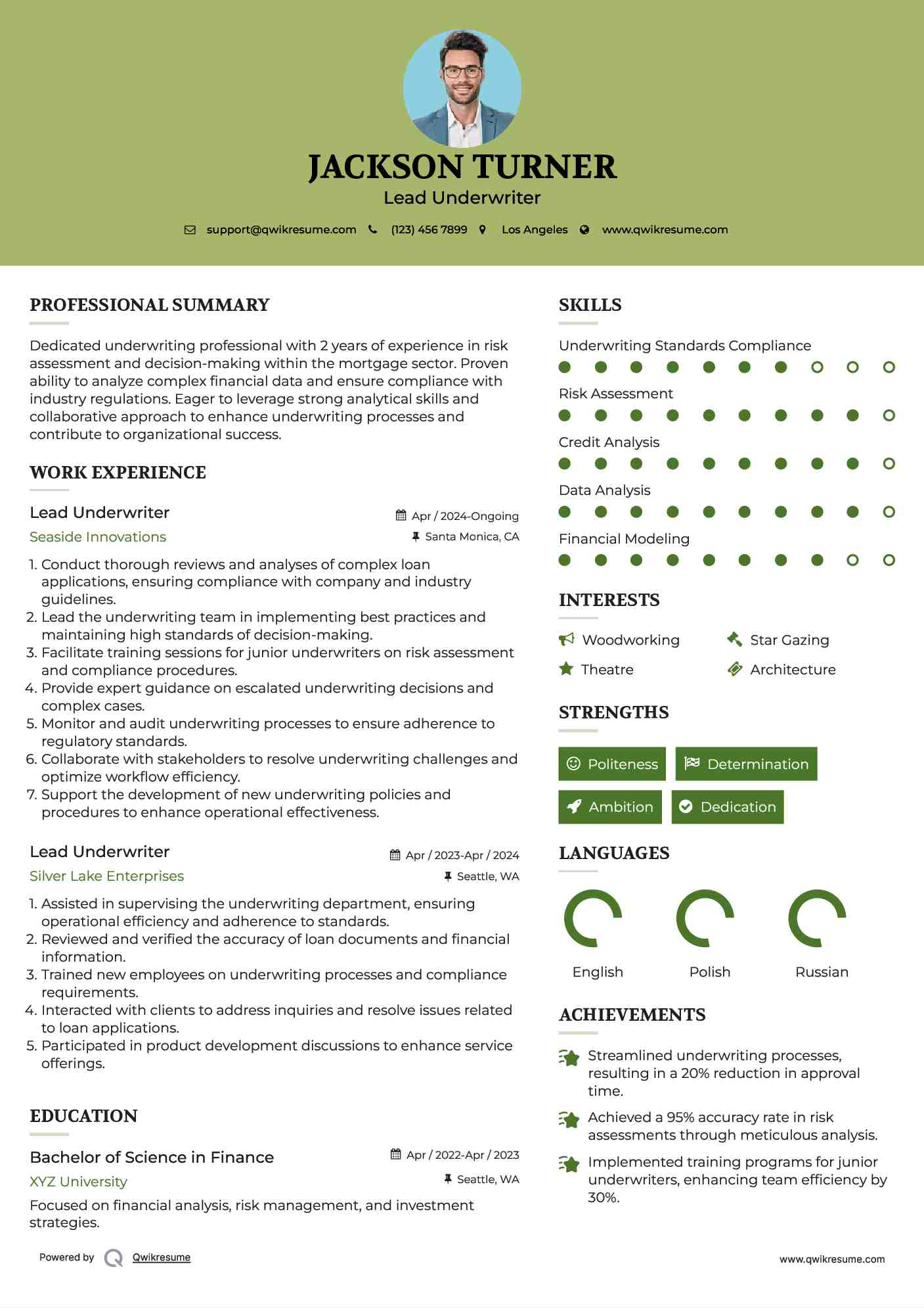 Lead Underwriter Resume Model