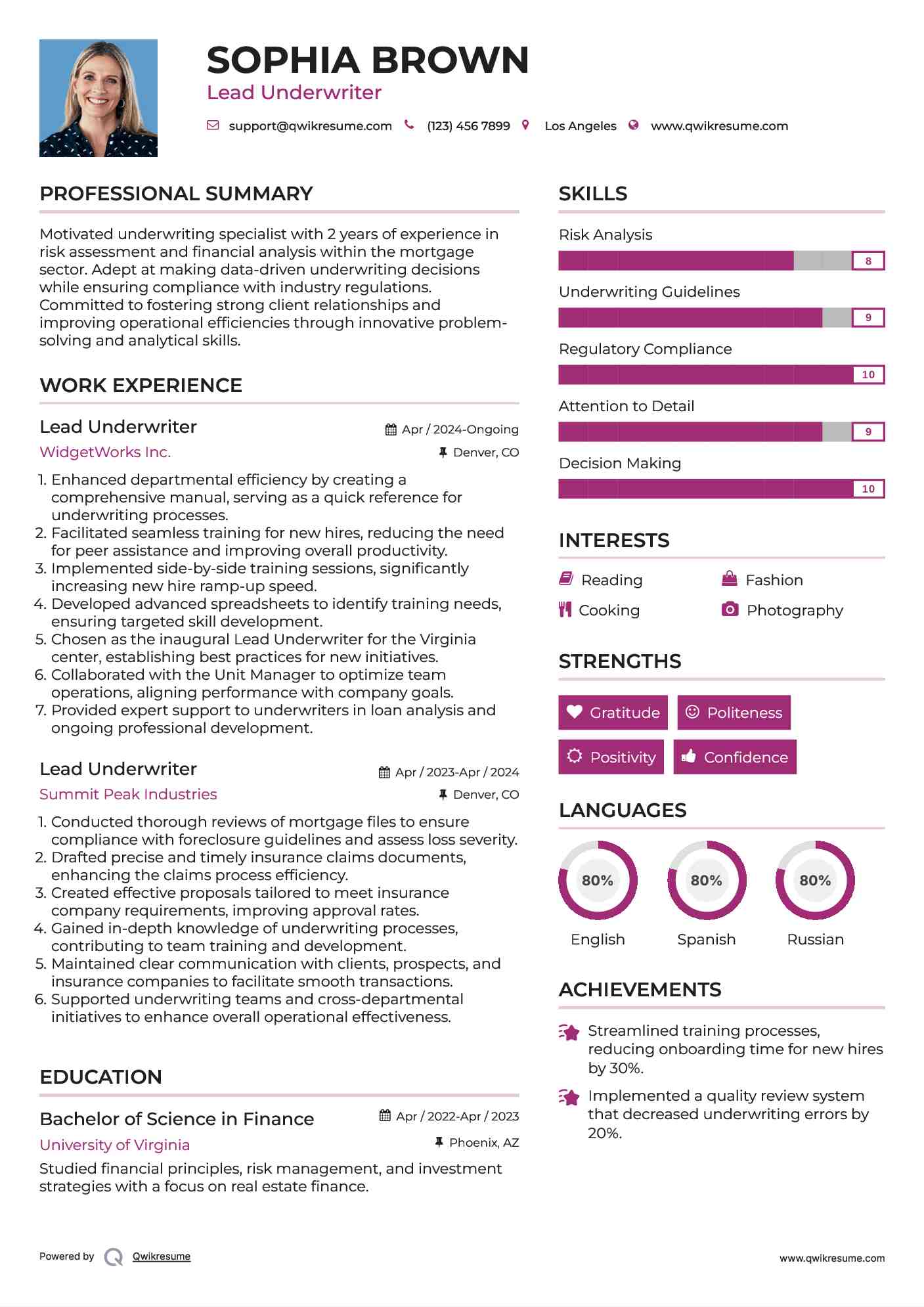 Lead Underwriter Resume Example