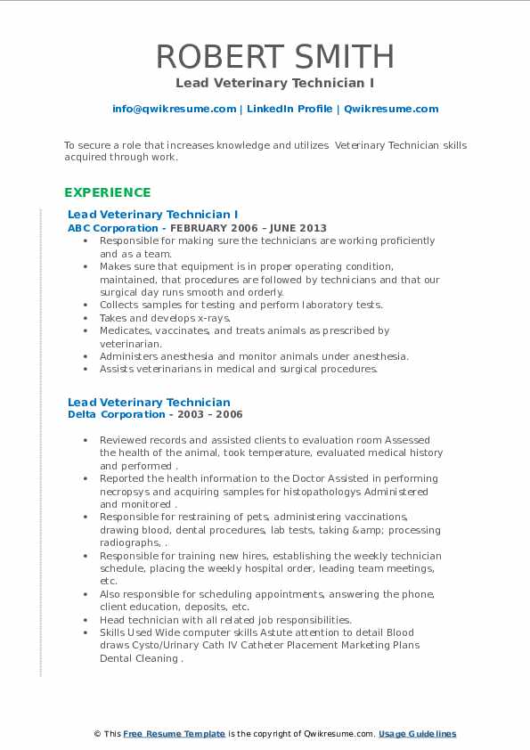 Lead Veterinary Technician Resume Samples QwikResume