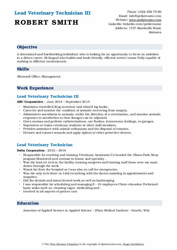 Lead Veterinary Technician Resume Samples QwikResume