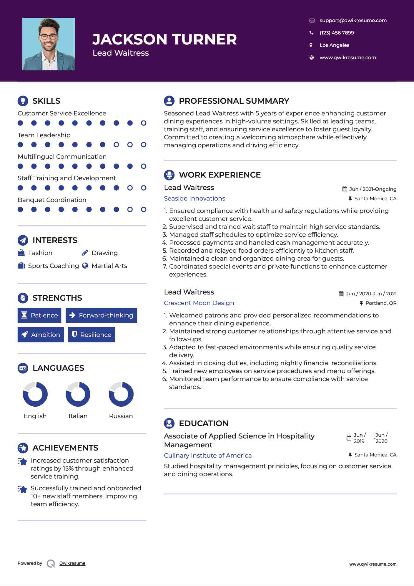 Lead Waitress Resume Example