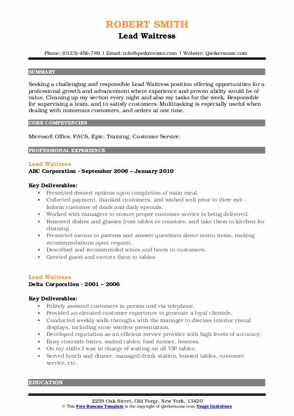 Lead Waitress Resume Samples QwikResume