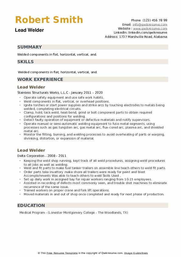 Lead Welder Resume Samples QwikResume