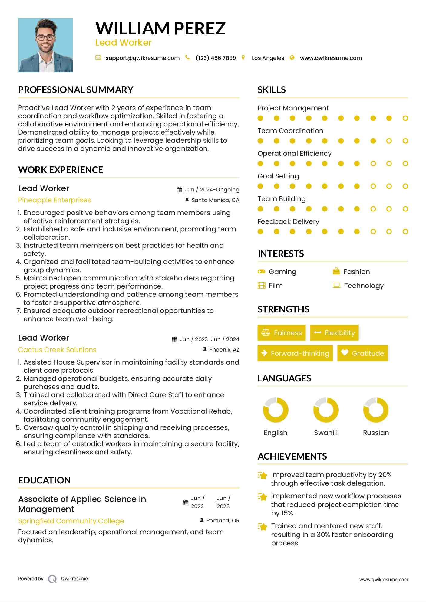 Lead Worker Resume Example