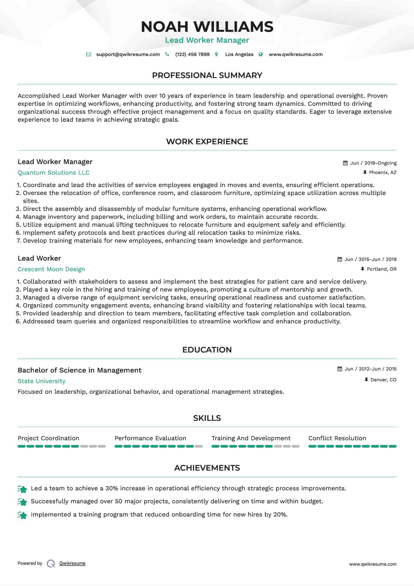Lead Worker Manager Resume Sample