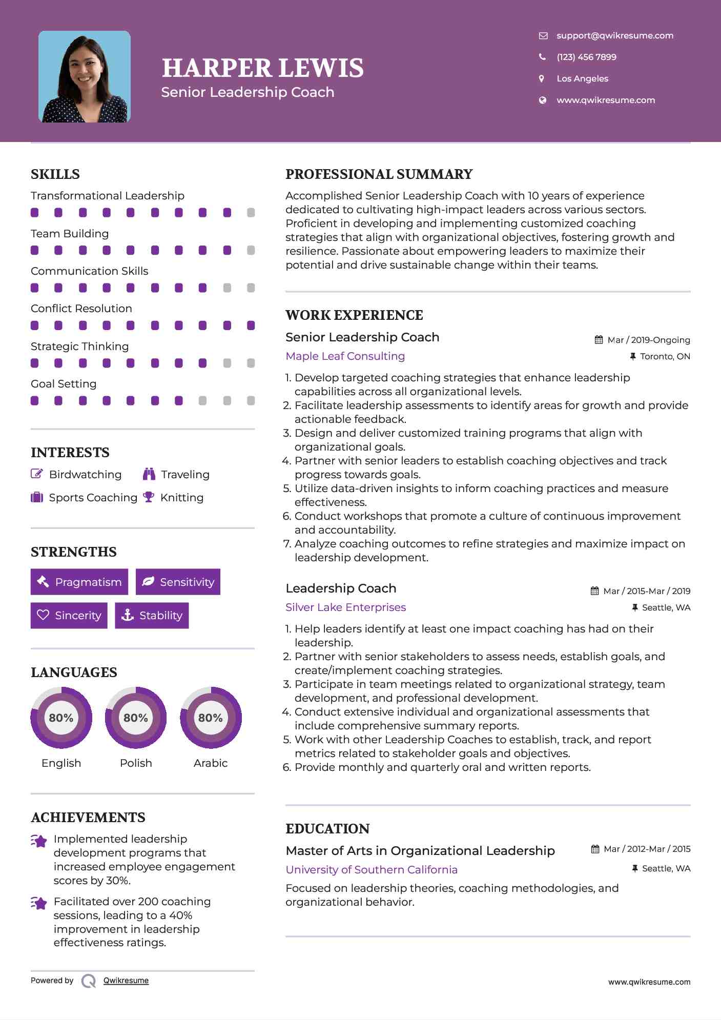 Senior Leadership Coach Resume Sample