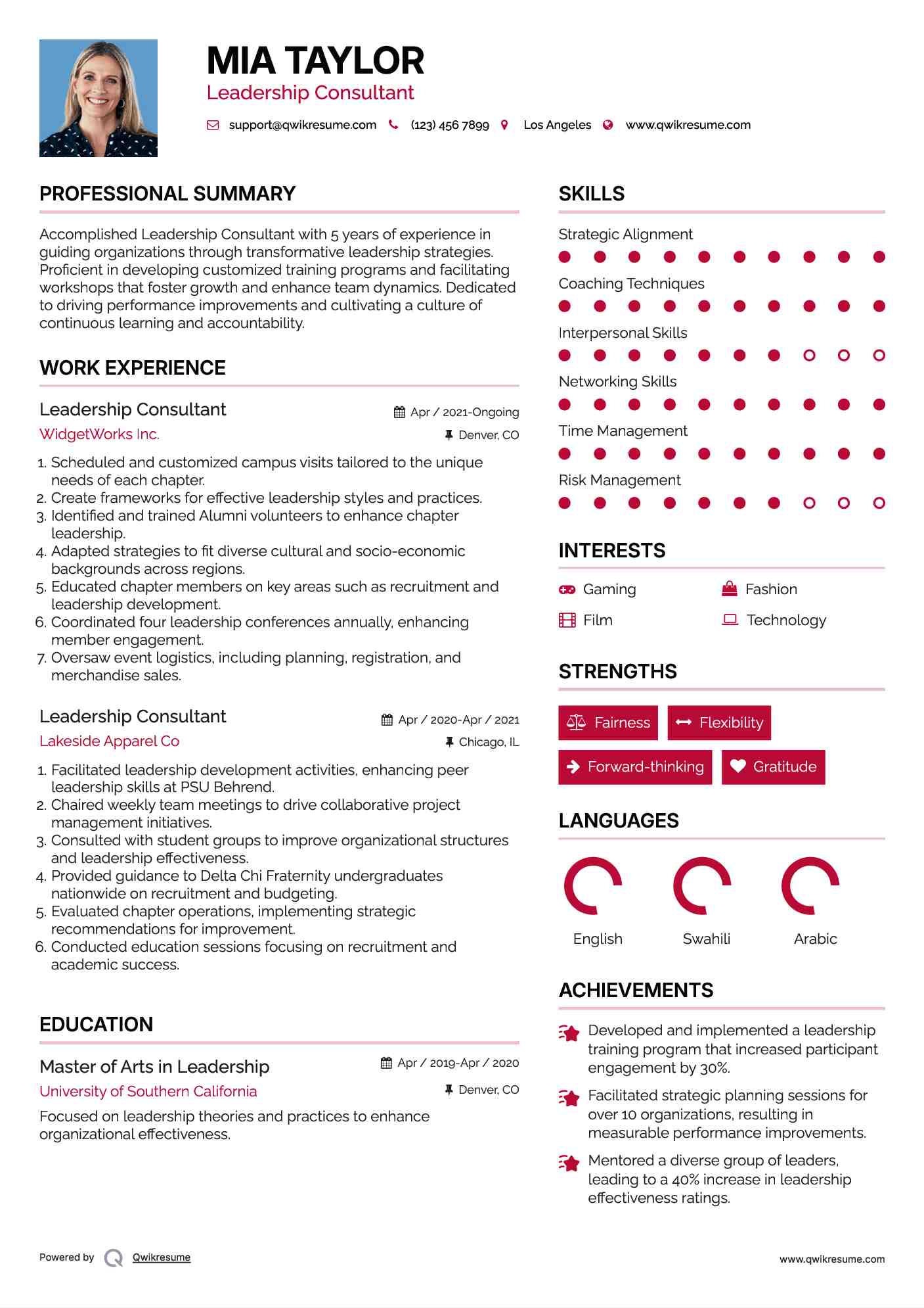 Leadership Consultant Resume Example