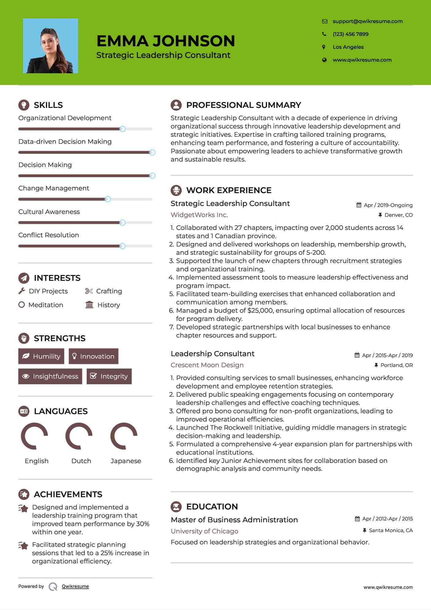 Strategic Leadership Consultant Resume Example