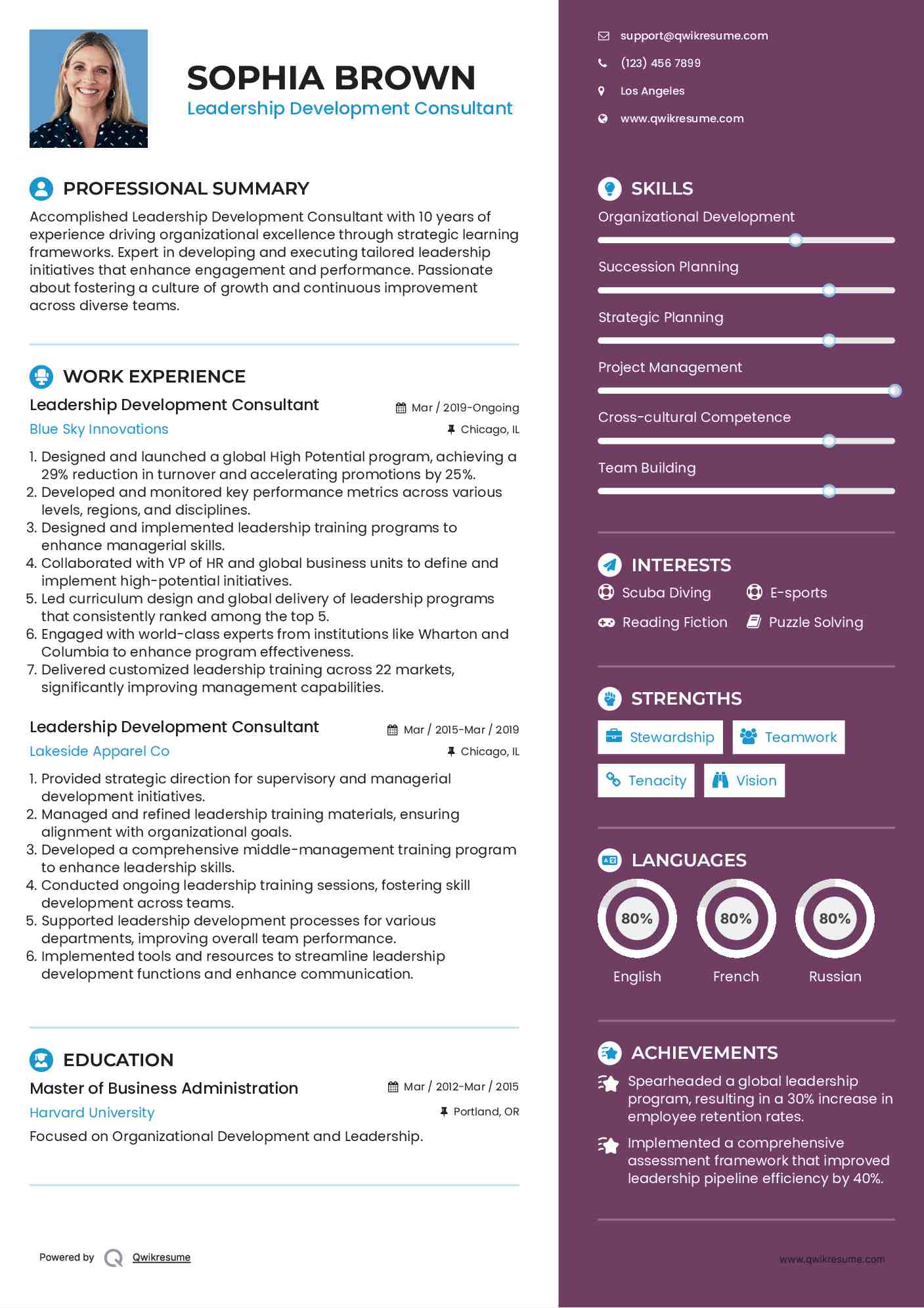 Leadership Development Consultant Resume Example