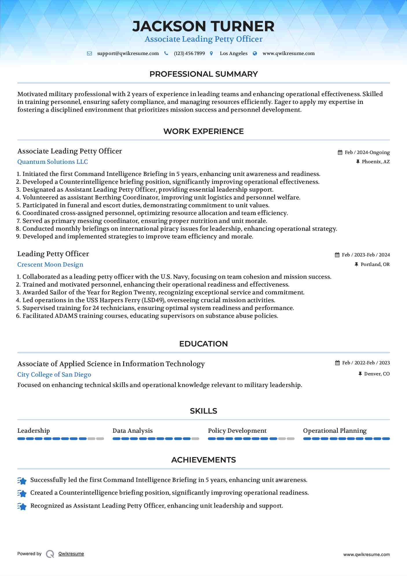 Associate Leading Petty Officer Resume Example