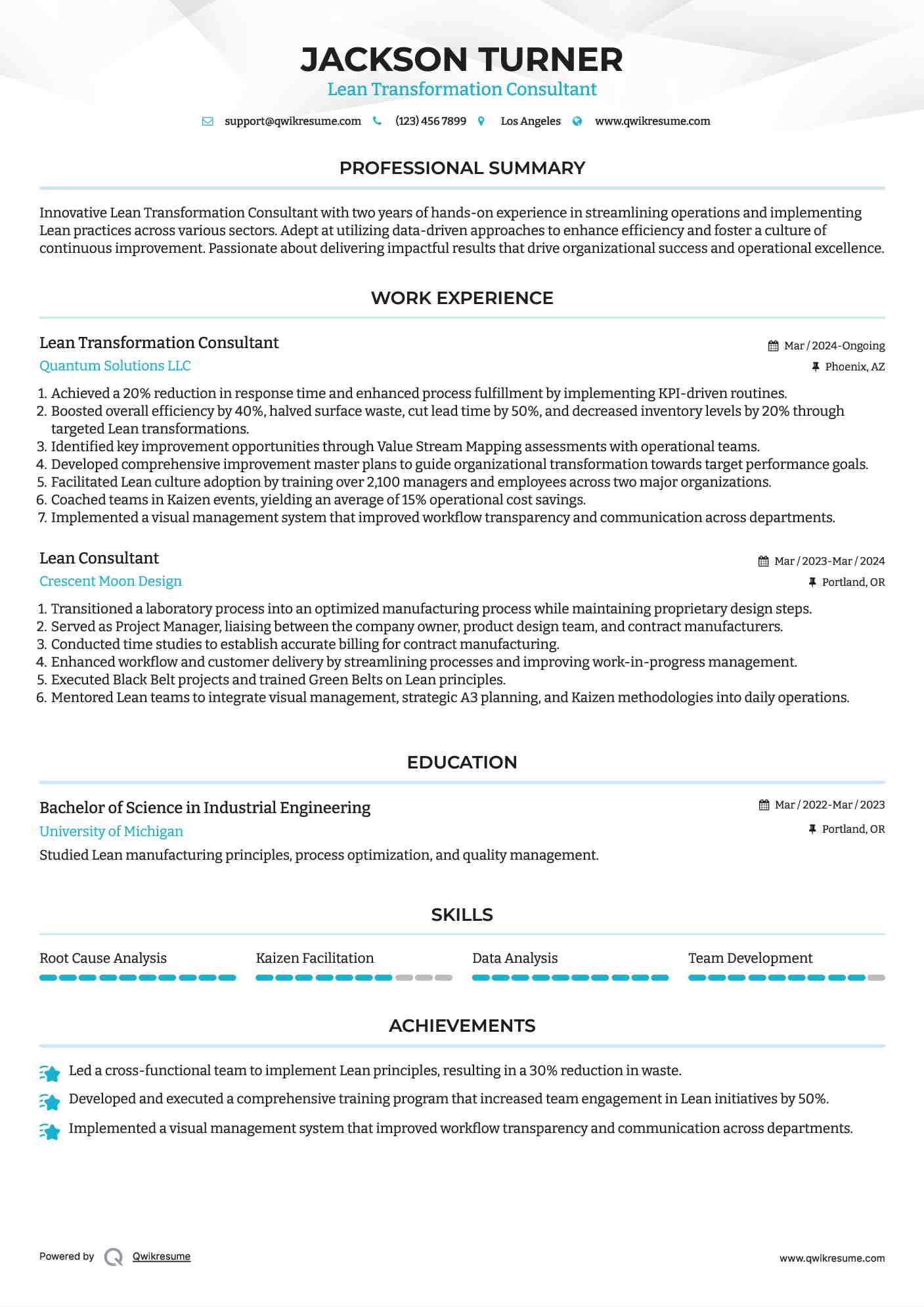 Lean Transformation Consultant Resume Template