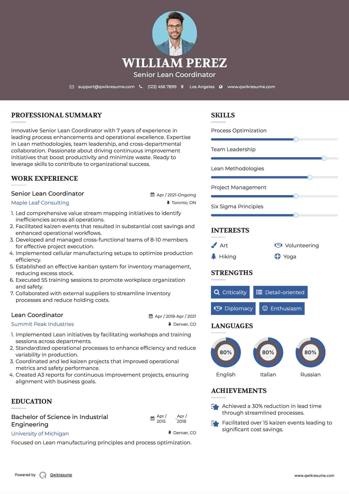 Senior Lean Coordinator Resume Sample