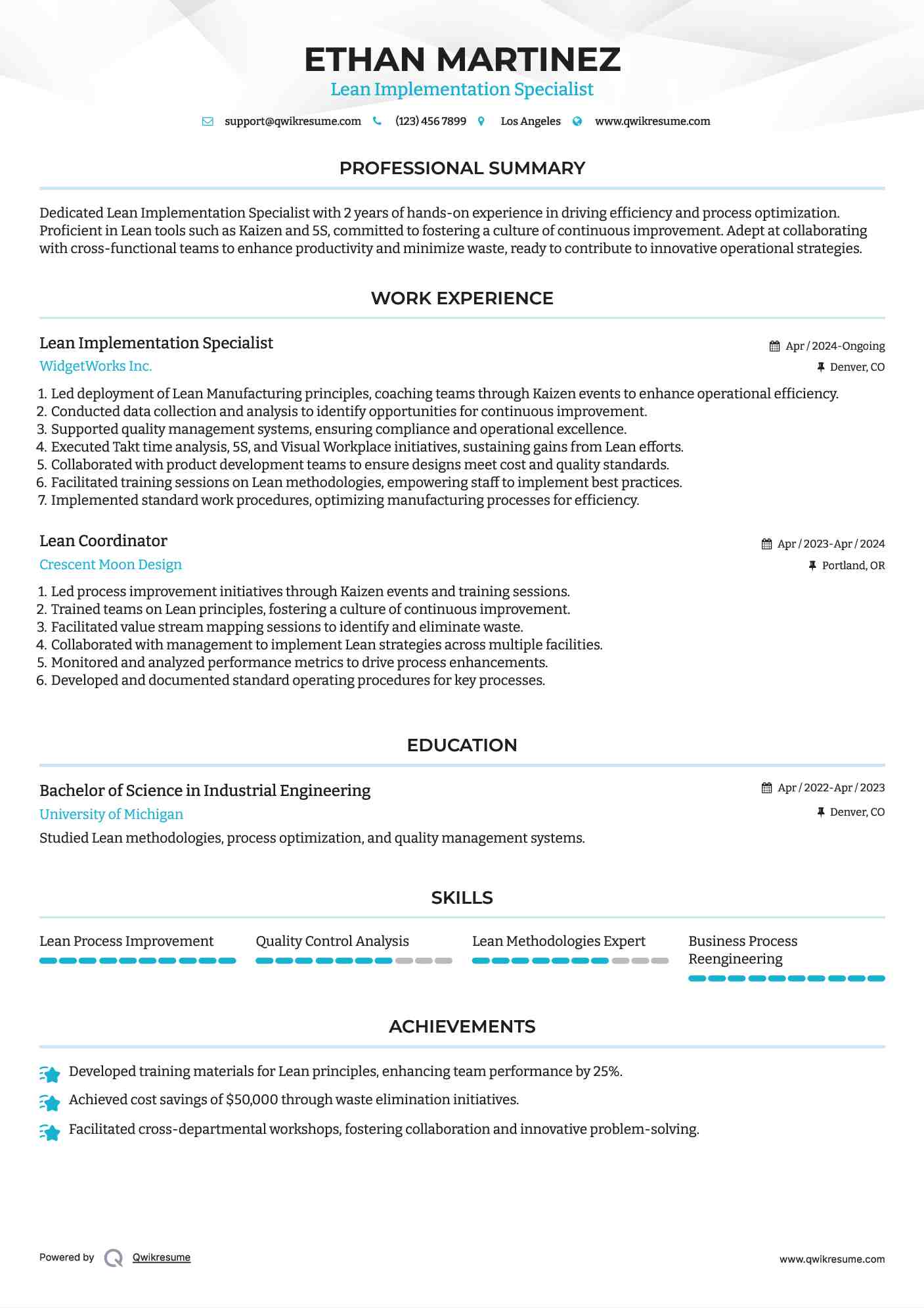 Lean Implementation Specialist Resume Example