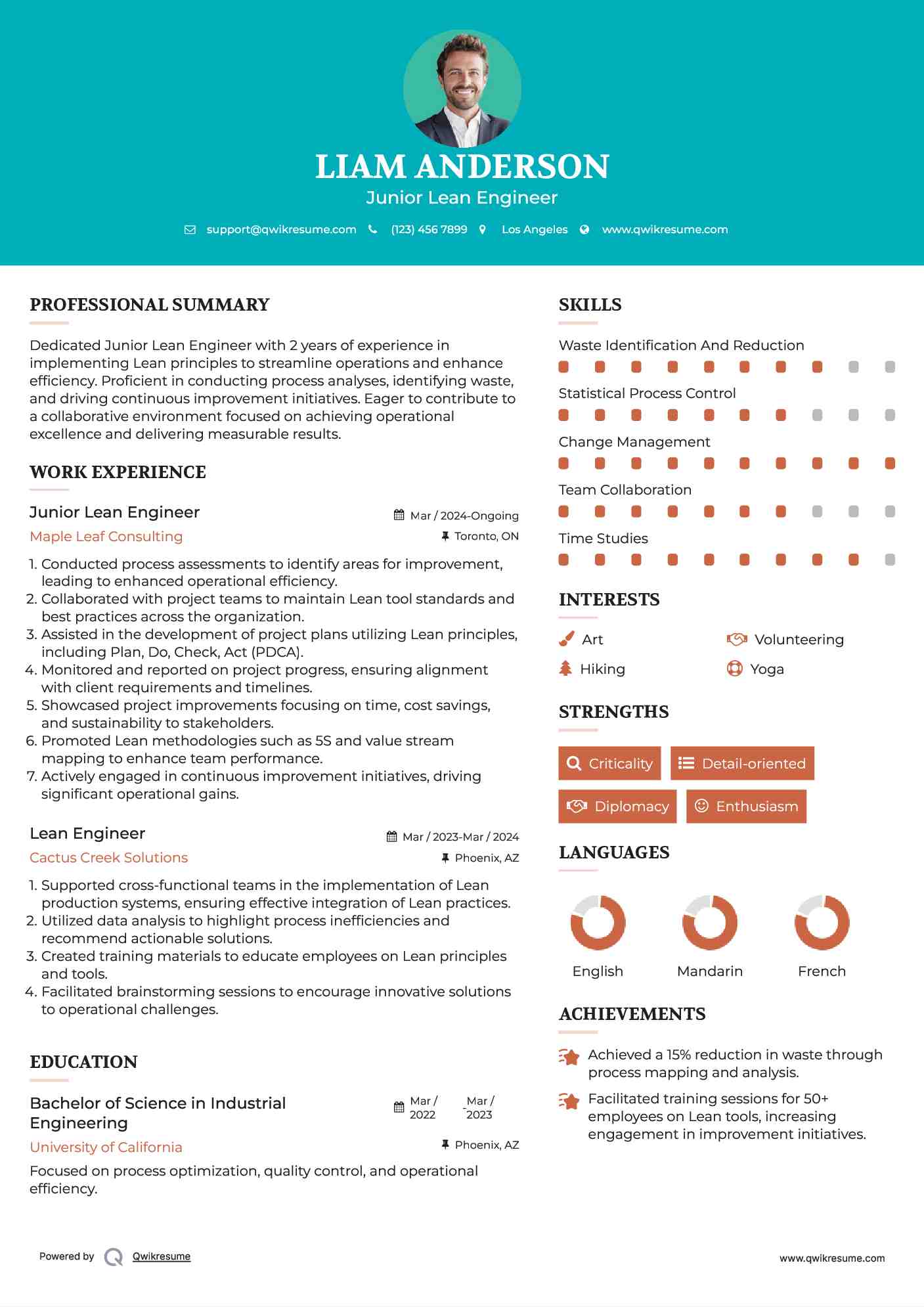 Junior Lean Engineer Resume Template