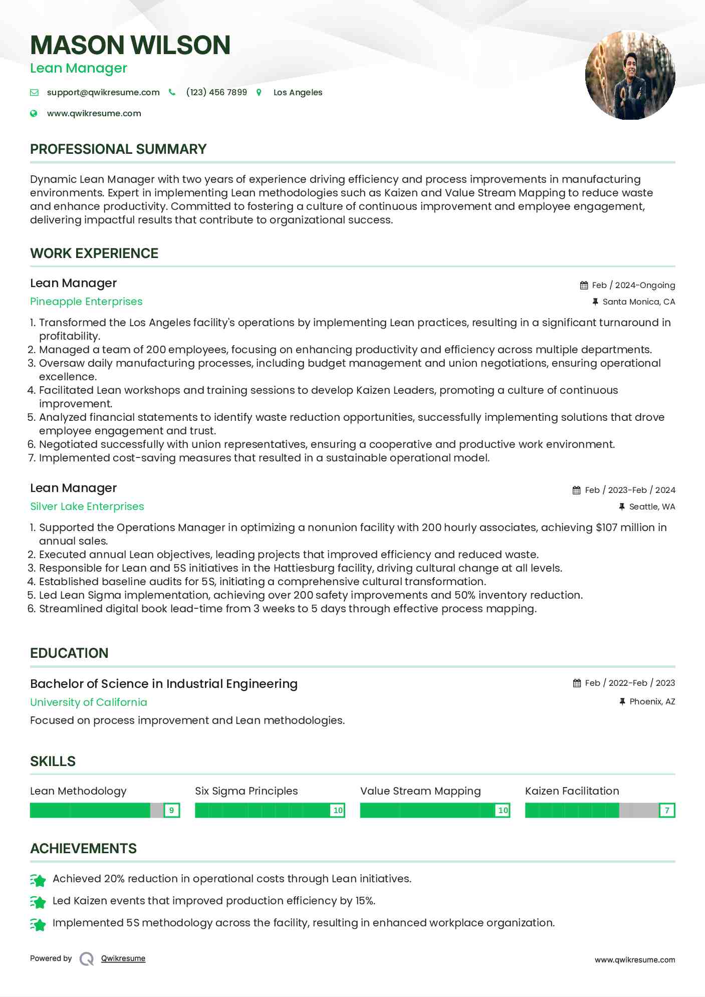 Lean Manager Resume Model