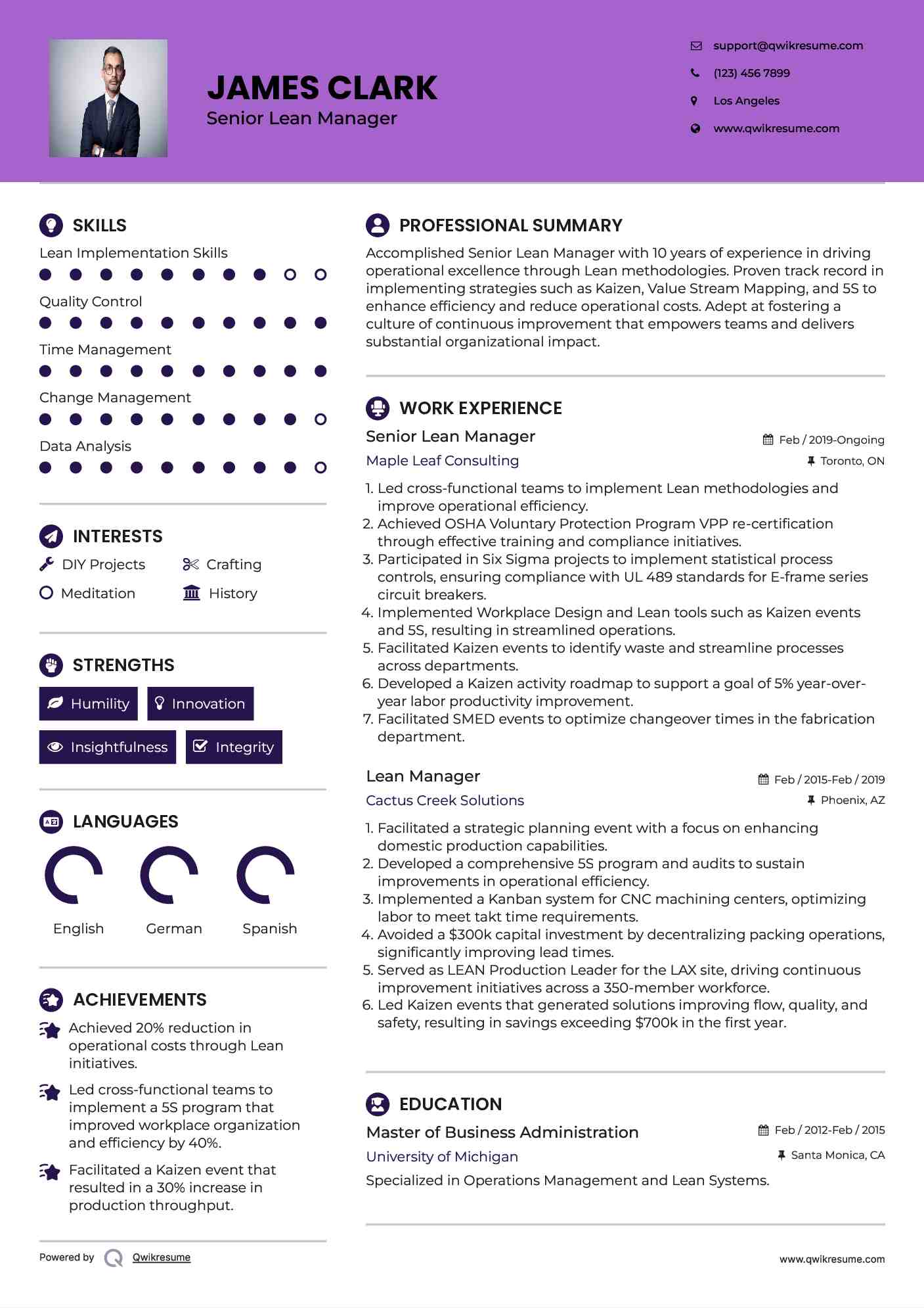 Senior Lean Manager Resume Template
