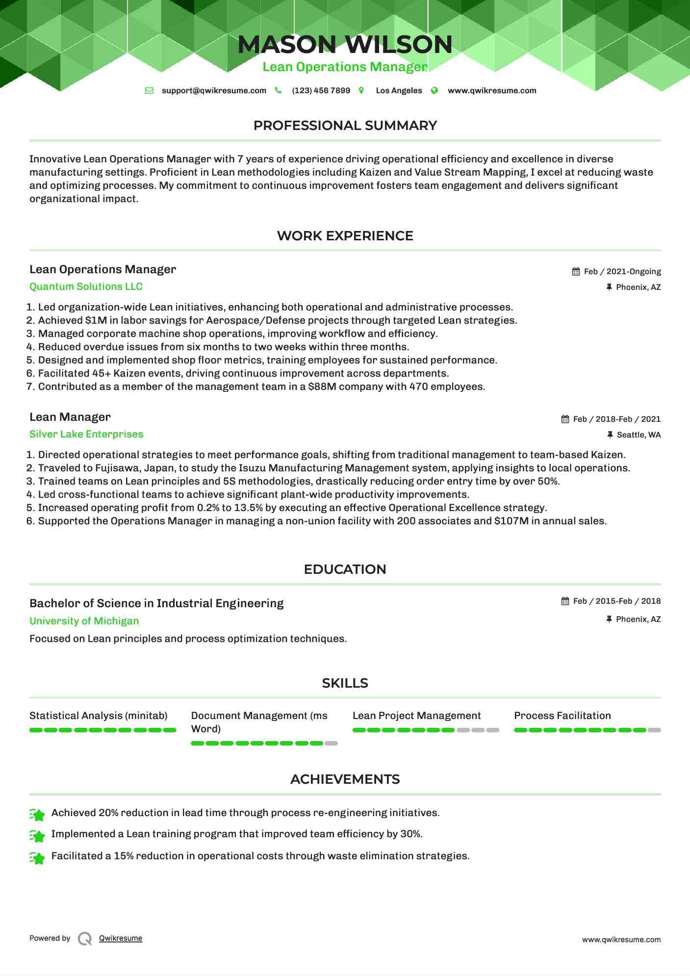 Lean Operations Manager Resume Model