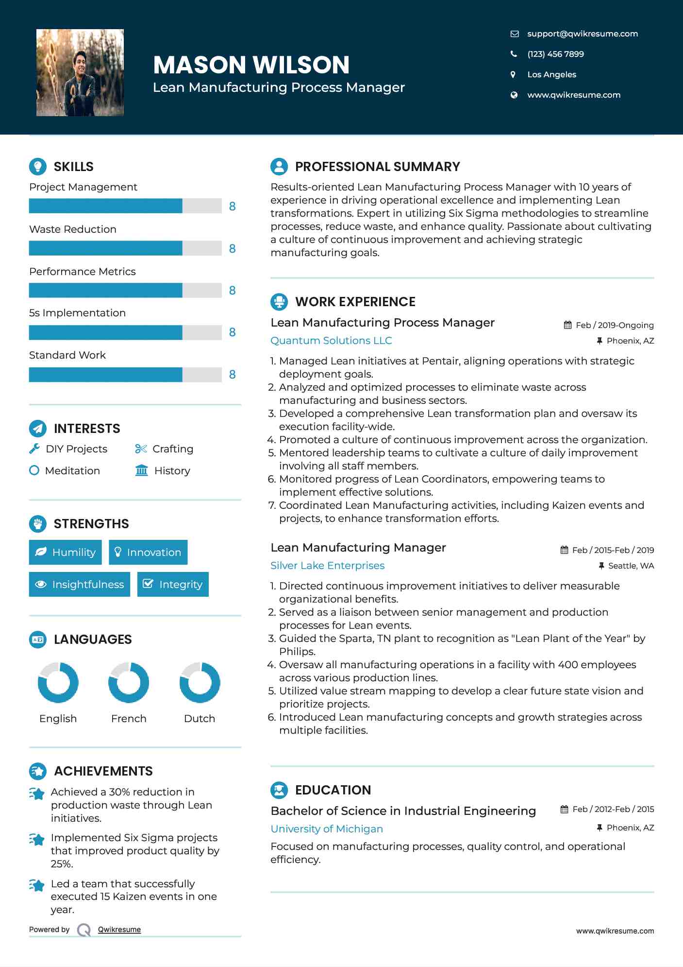 Lean Manufacturing Process Manager Resume Example