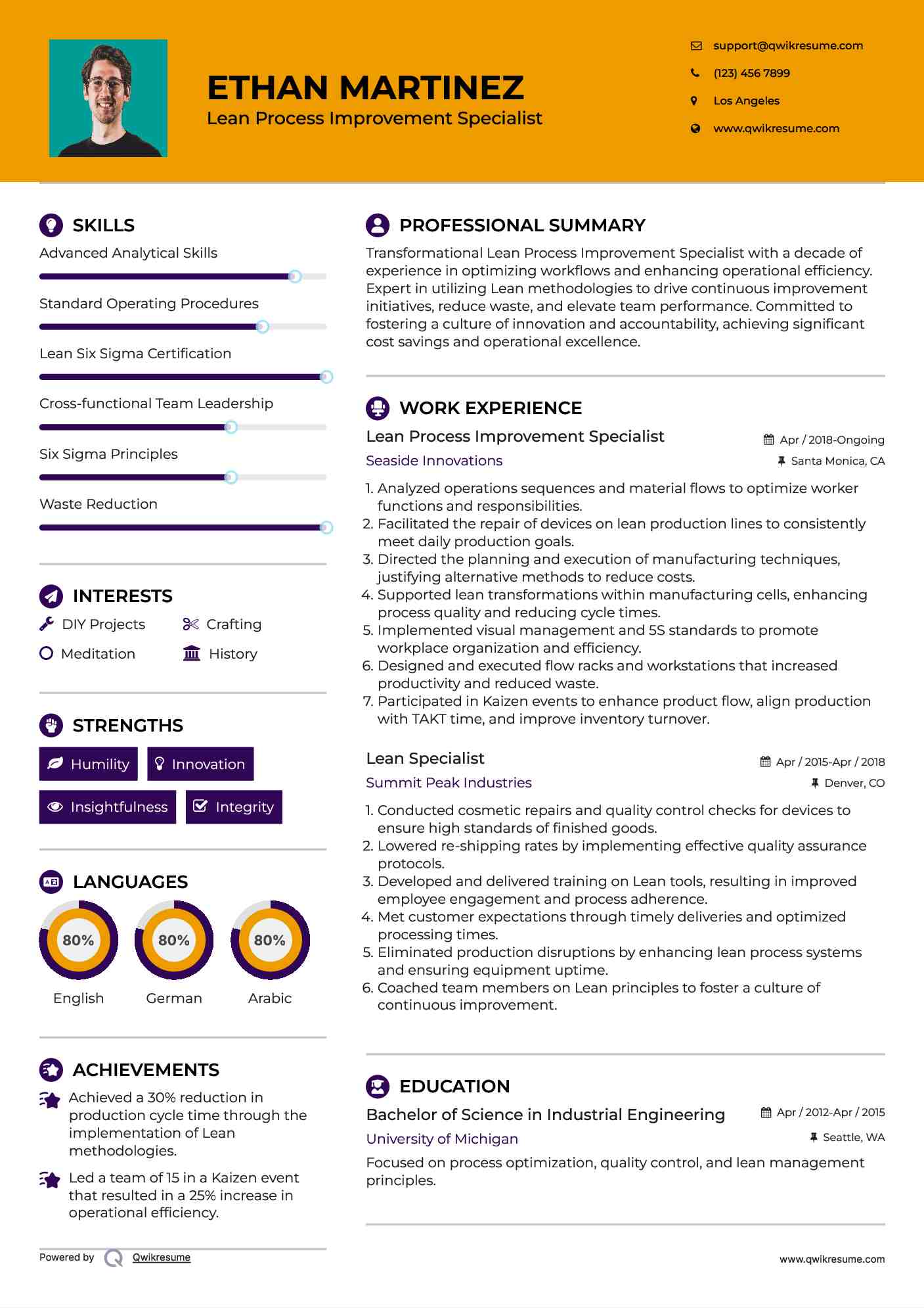 Lean Process Improvement Specialist Resume Template