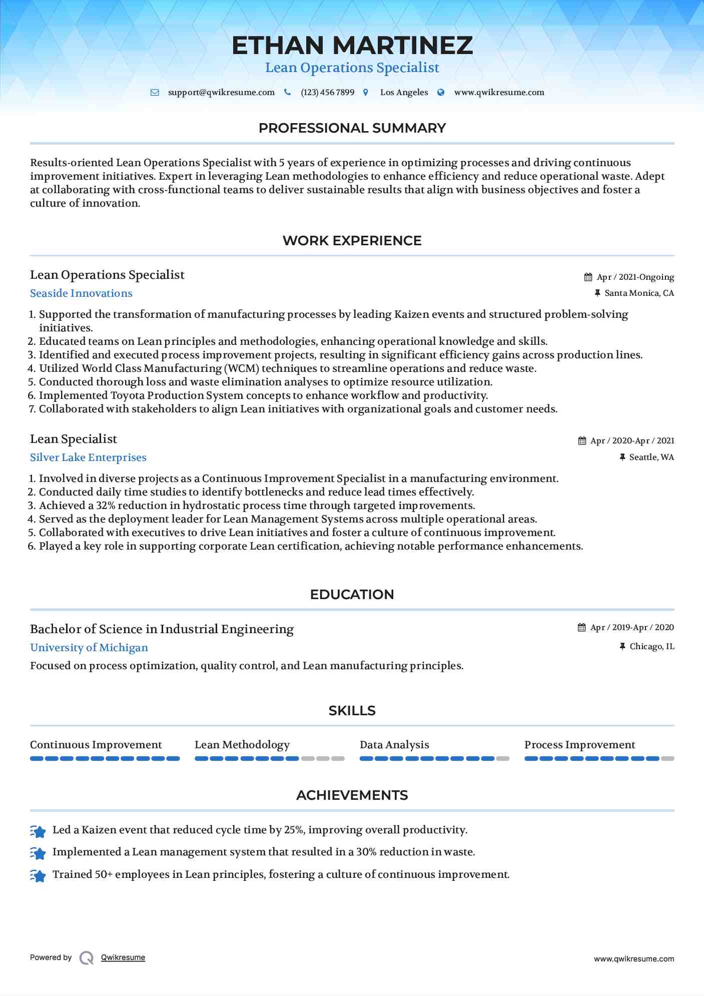 Lean Operations Specialist Resume Sample