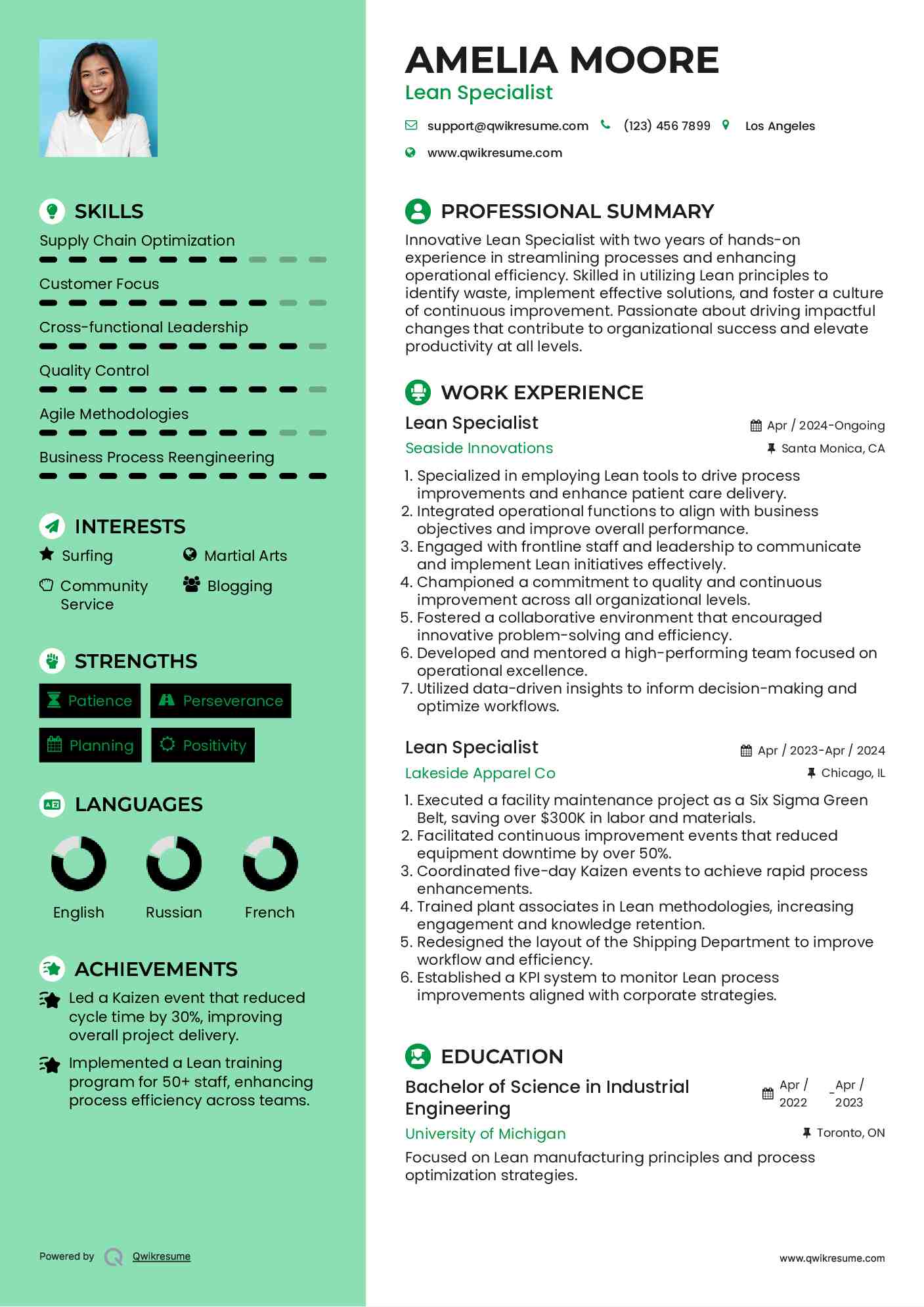 Lean Specialist Resume Example