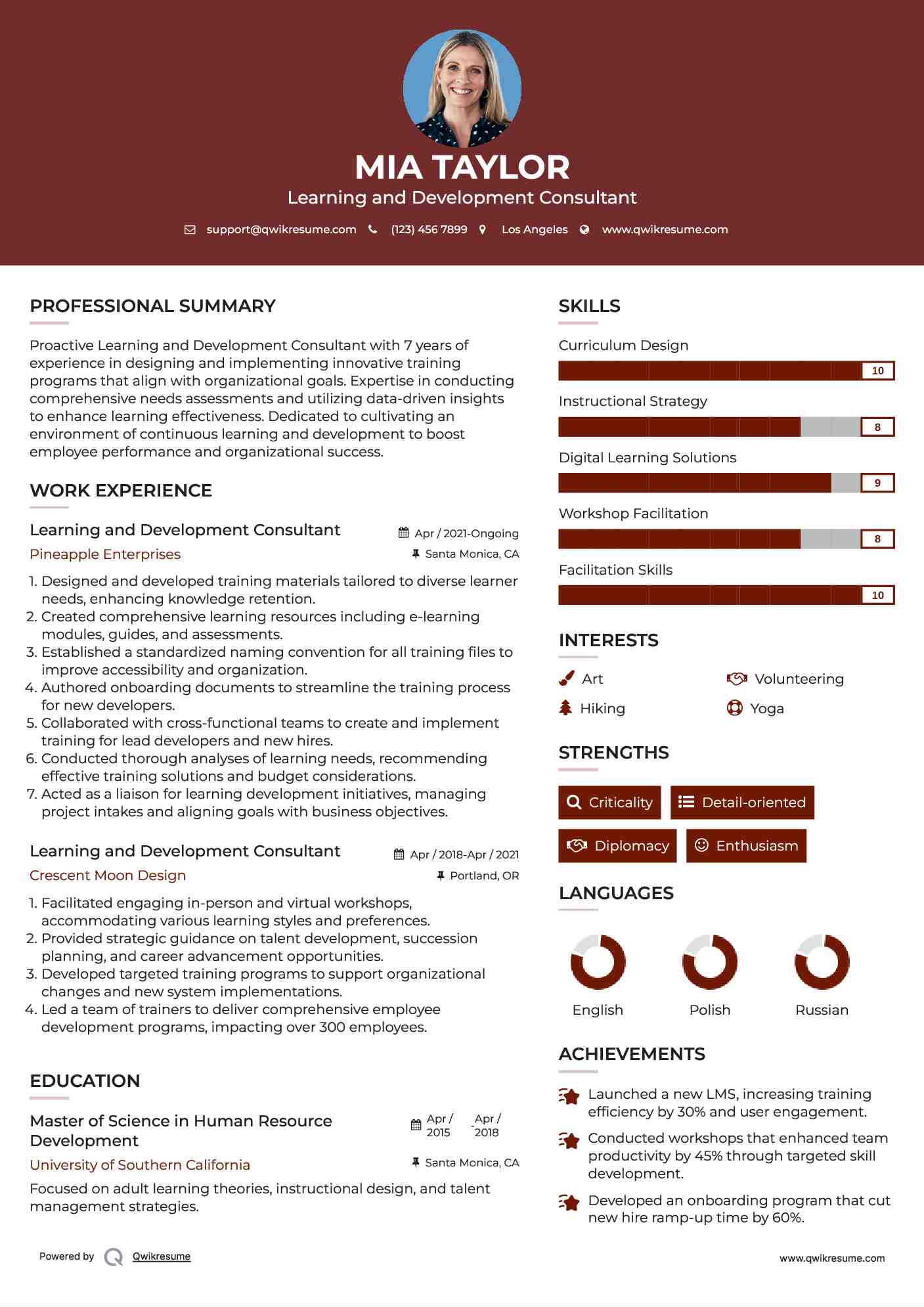Learning and Development Consultant Resume Sample