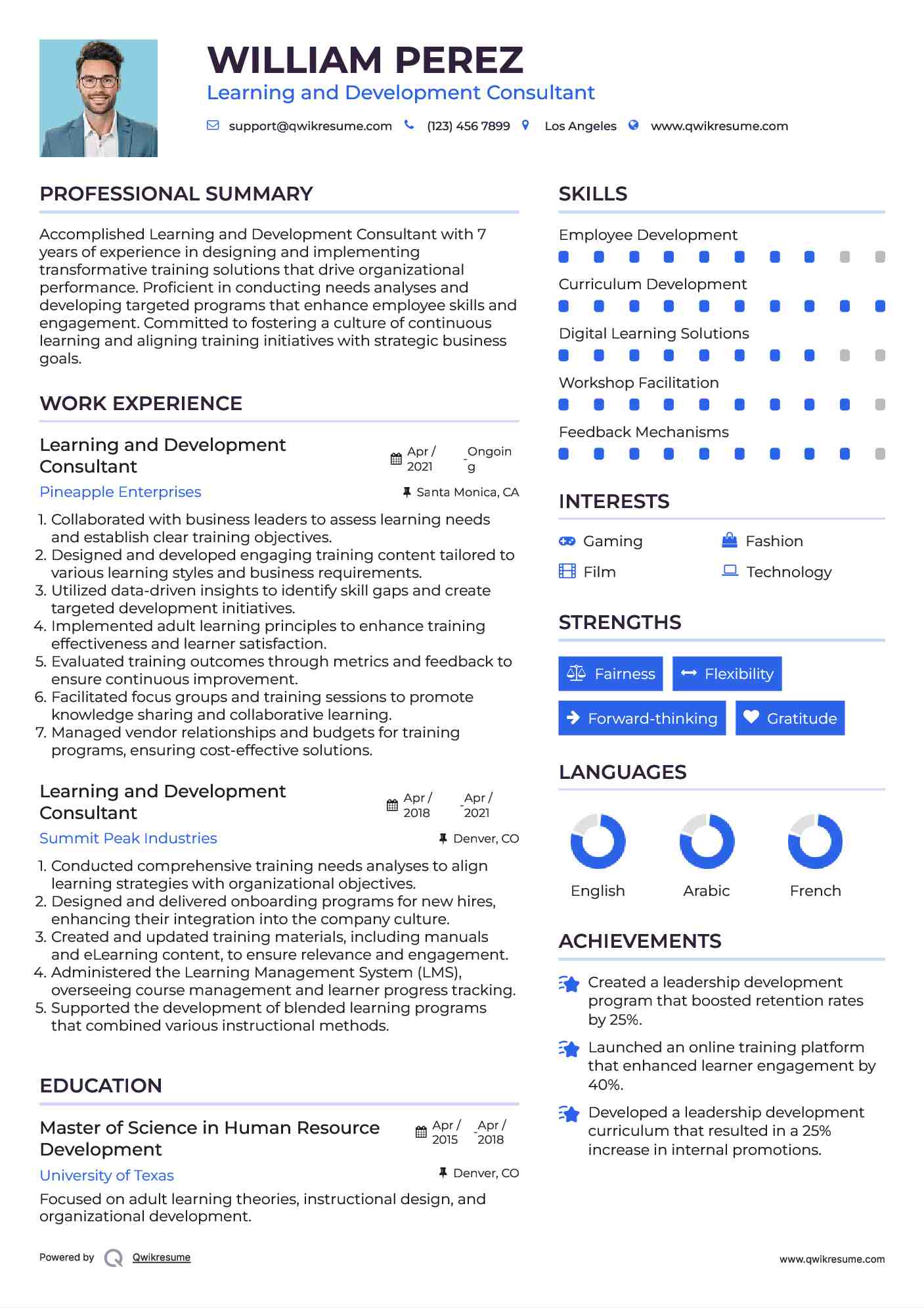 Learning and Development Consultant Resume Sample