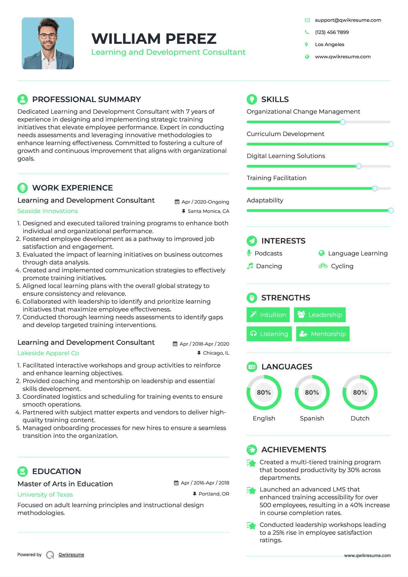 Learning and Development Consultant Resume Sample
