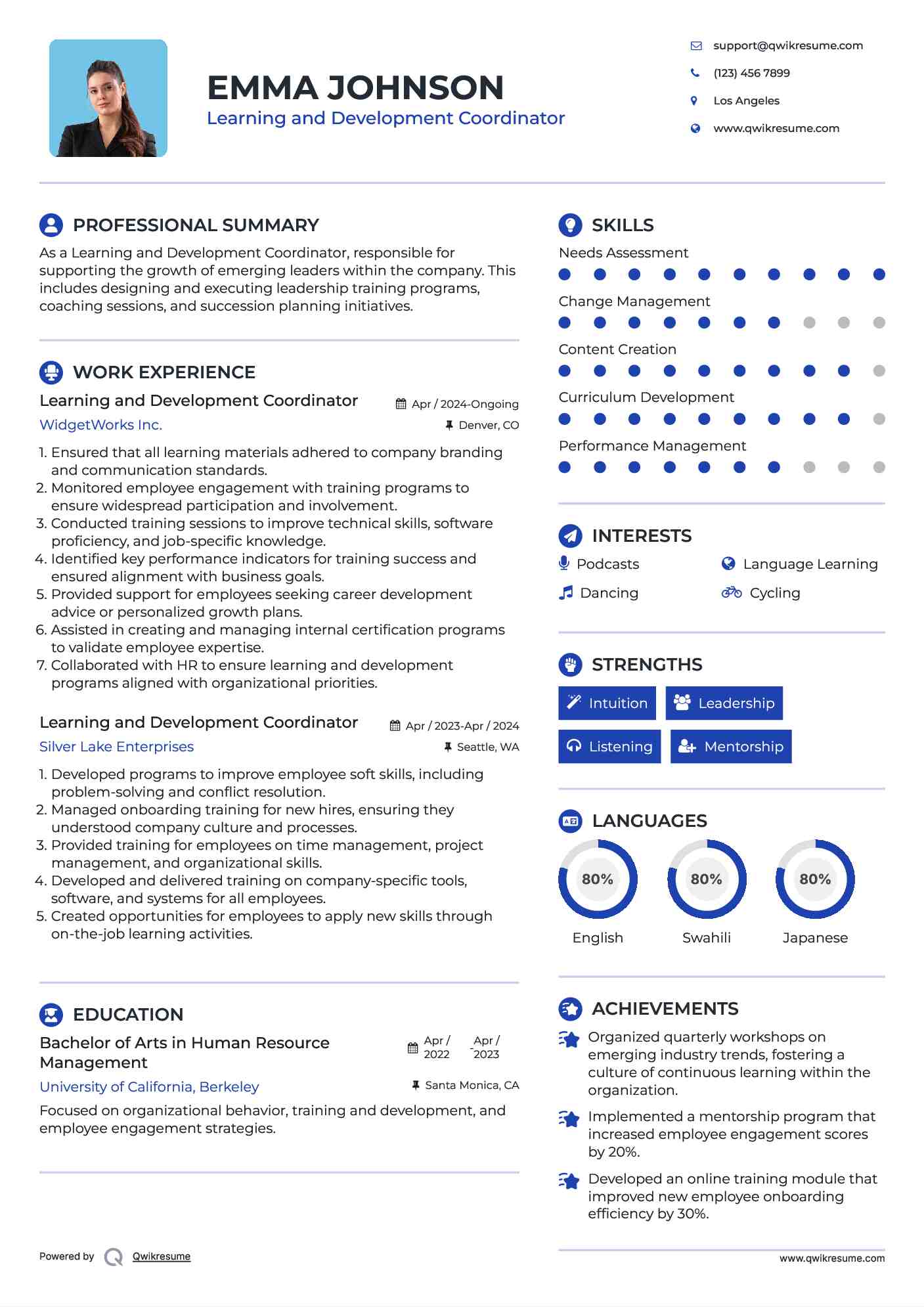 Learning and Development Coordinator Resume Example