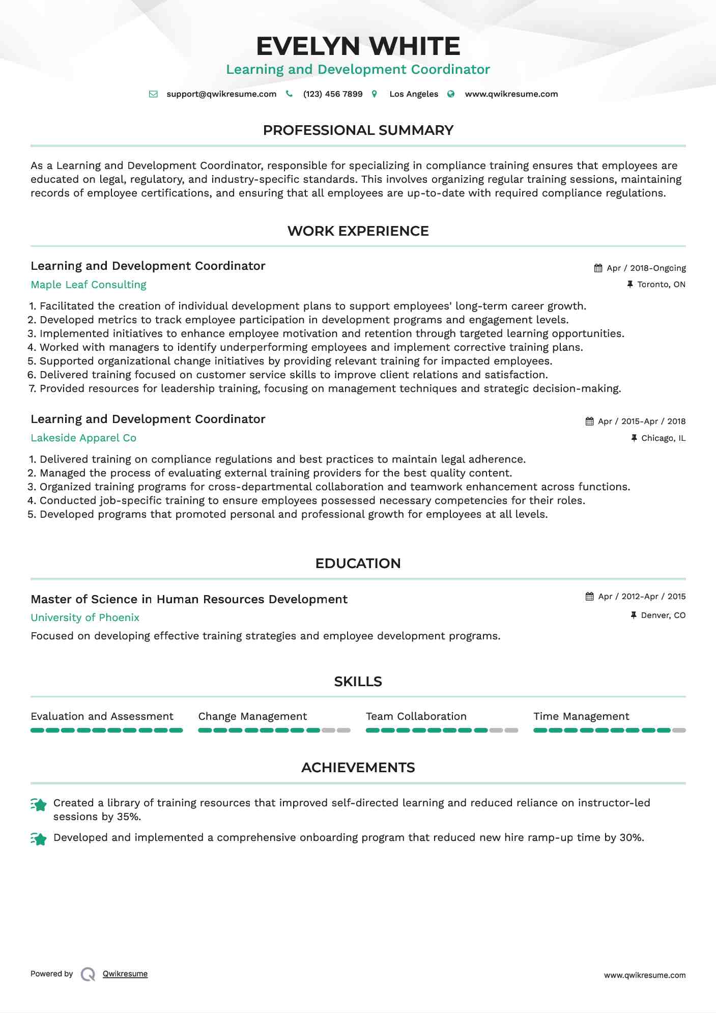 Learning and Development Coordinator Resume Model