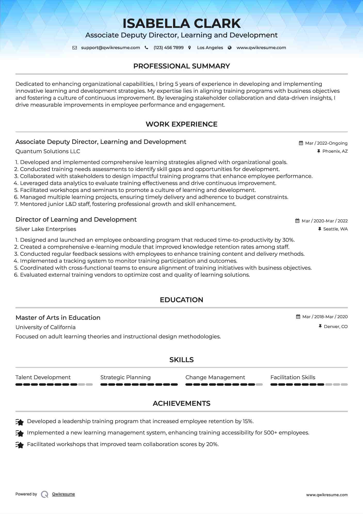 Associate Deputy Director, Learning and Development
 Resume Sample