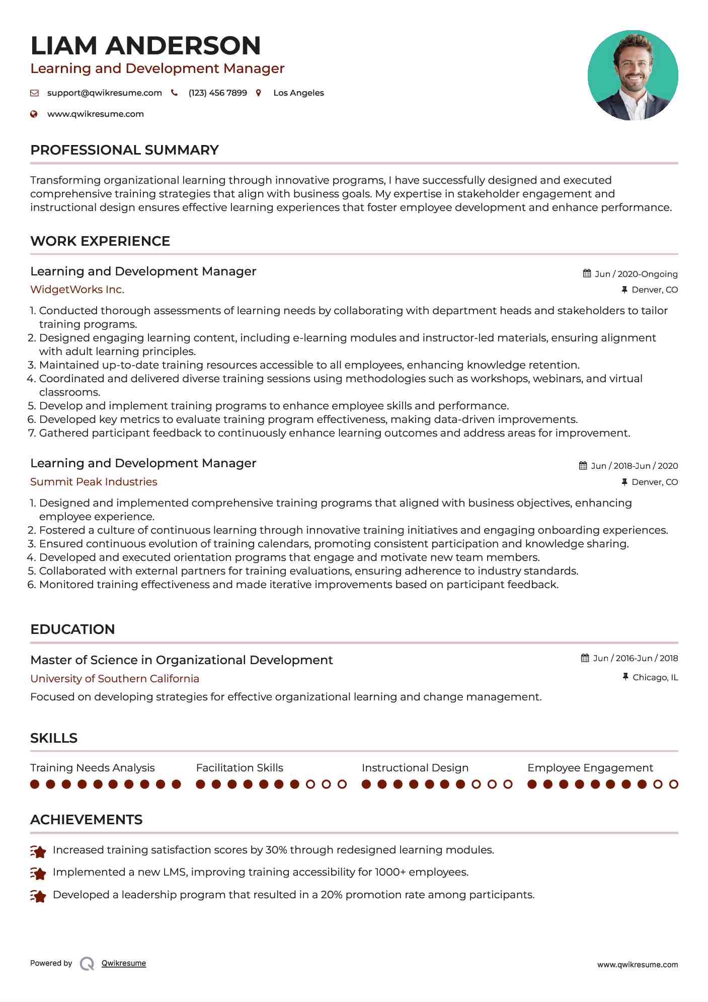 Learning and Development Manager Resume Sample