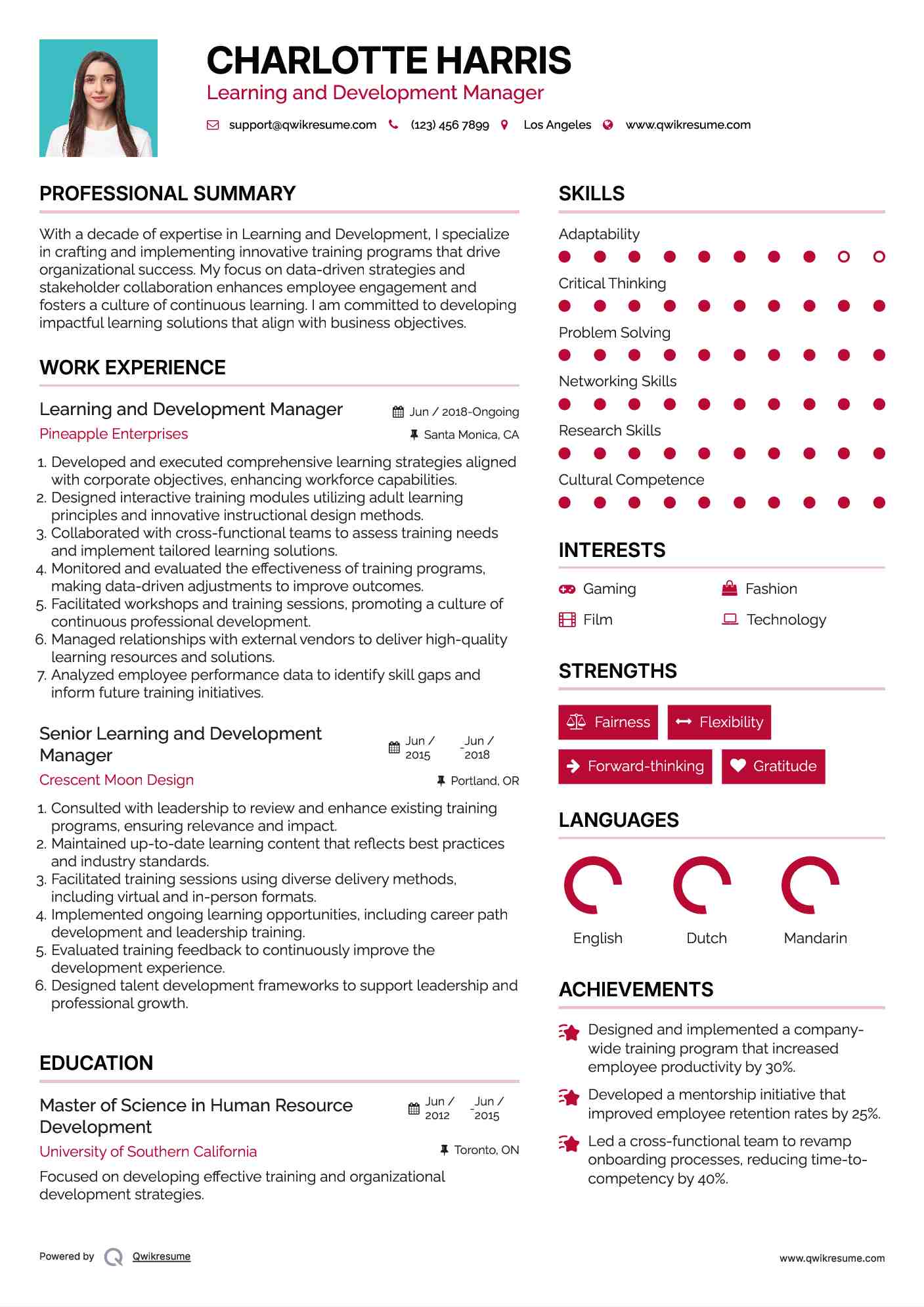 Learning and Development Manager Resume Example