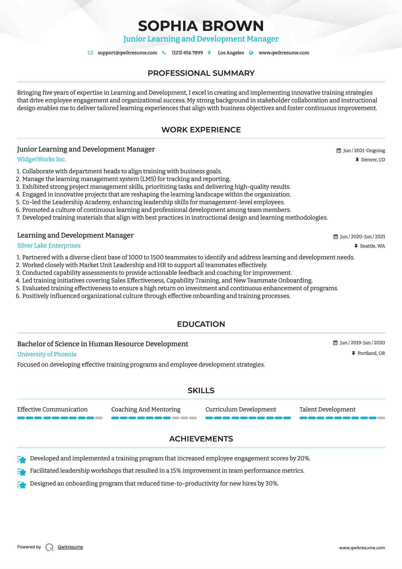Junior Learning and Development Manager Resume Format