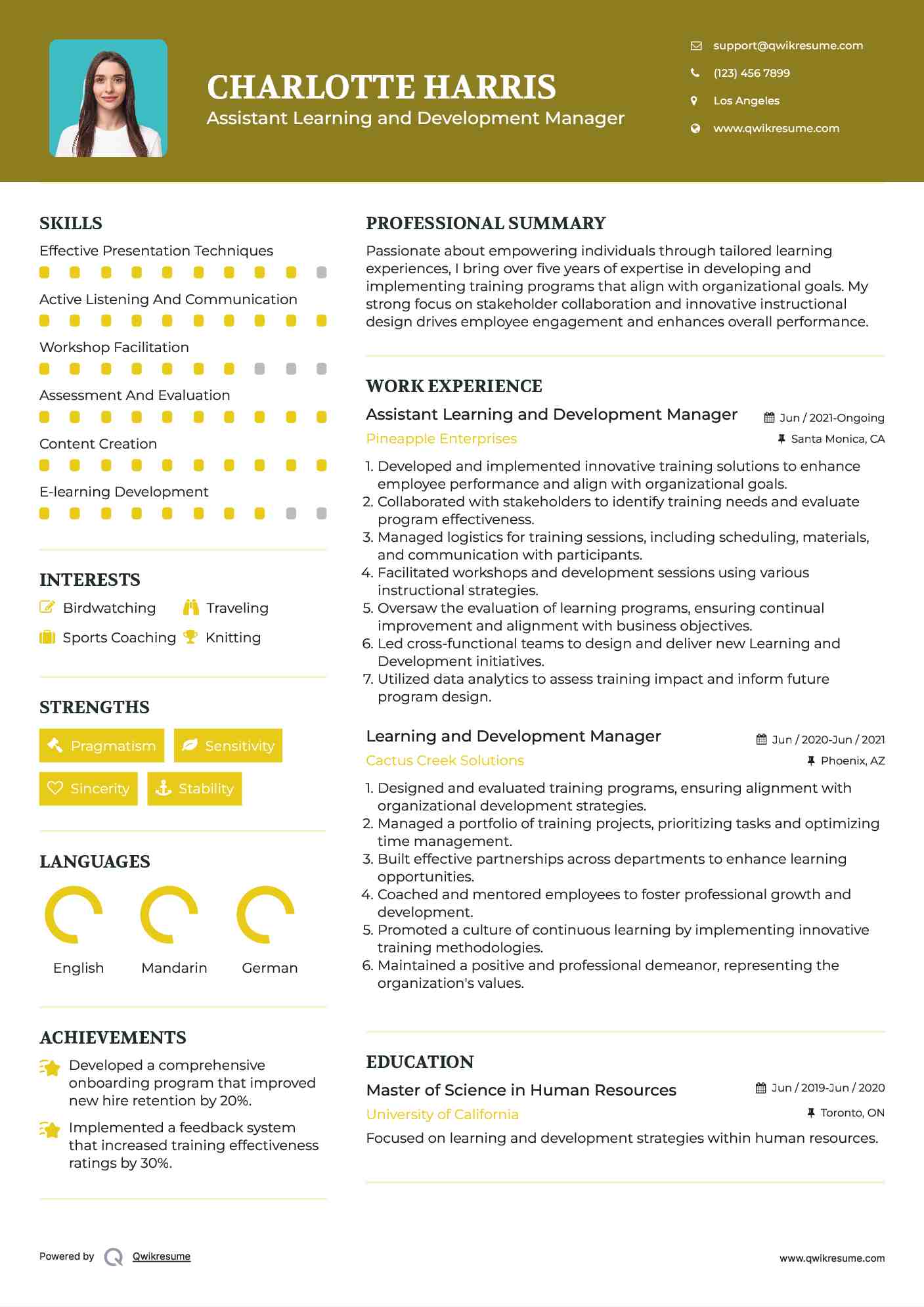 Assistant Learning and Development Manager Resume Template