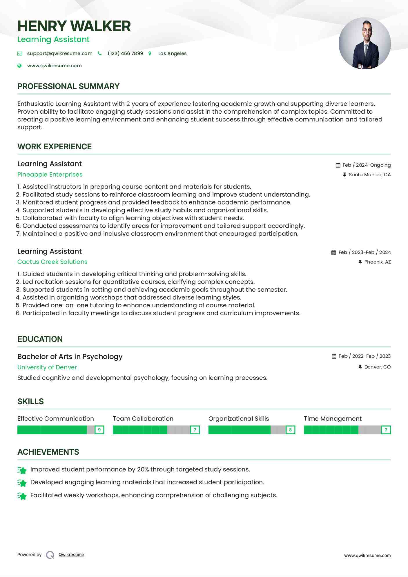 Learning Assistant Resume Example